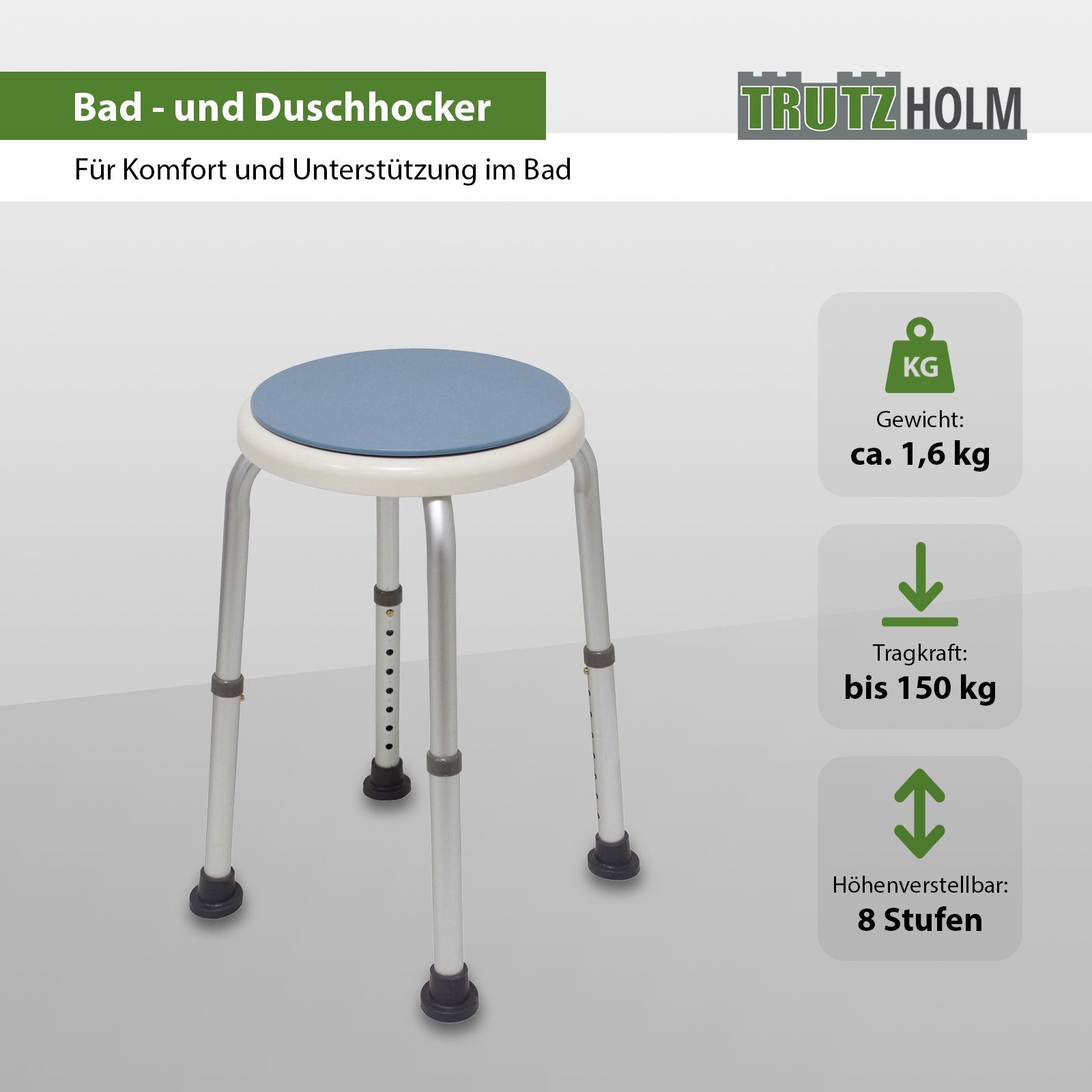 TRUTZHOLM Dusch- und Badhocker drehbar 8-fach höhenverstellbar 36,5 - 54 cm 360° Drehunterstützung, belastbar bis 150 kg