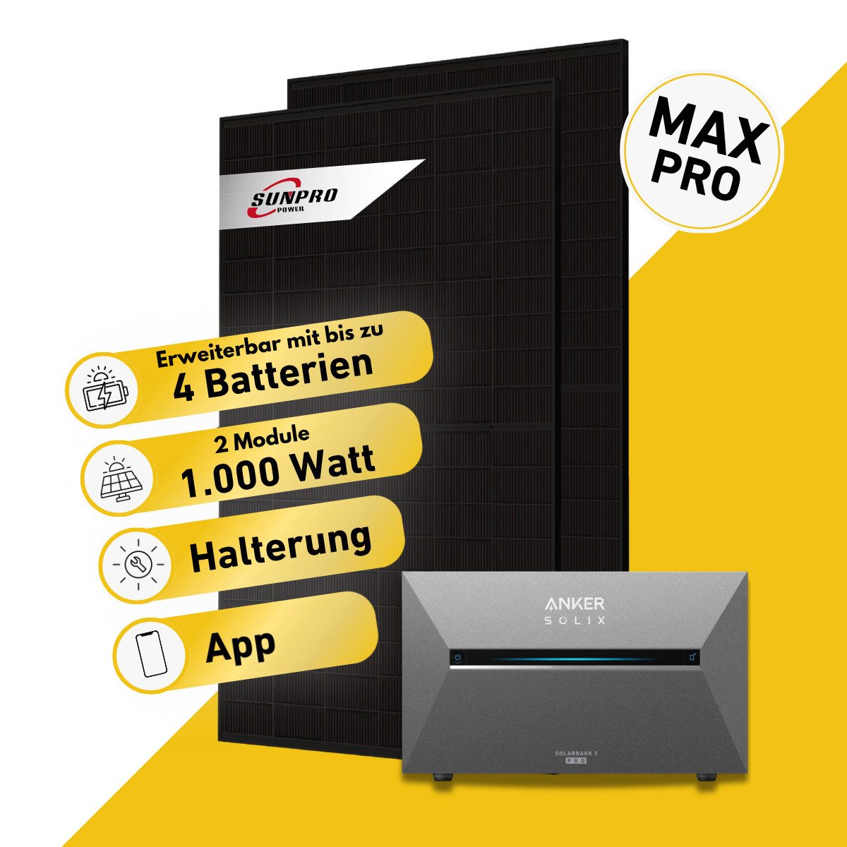 Balkonstrom Balkonkraftwerk MAX Pro 1000 Watt Solaranlage mit Speicher Komplettset Bifazial, 1000 W, Monokristallin, (2x Sunpro Solarmodul á 500 Watt, 1x Anker Solix 3 Pro Solarspeicher E2700, 1-4 Zusatzspeicher BP2700), Halterung für Dach, Fassade, Balkon & Garten, App & Plug&Play DE