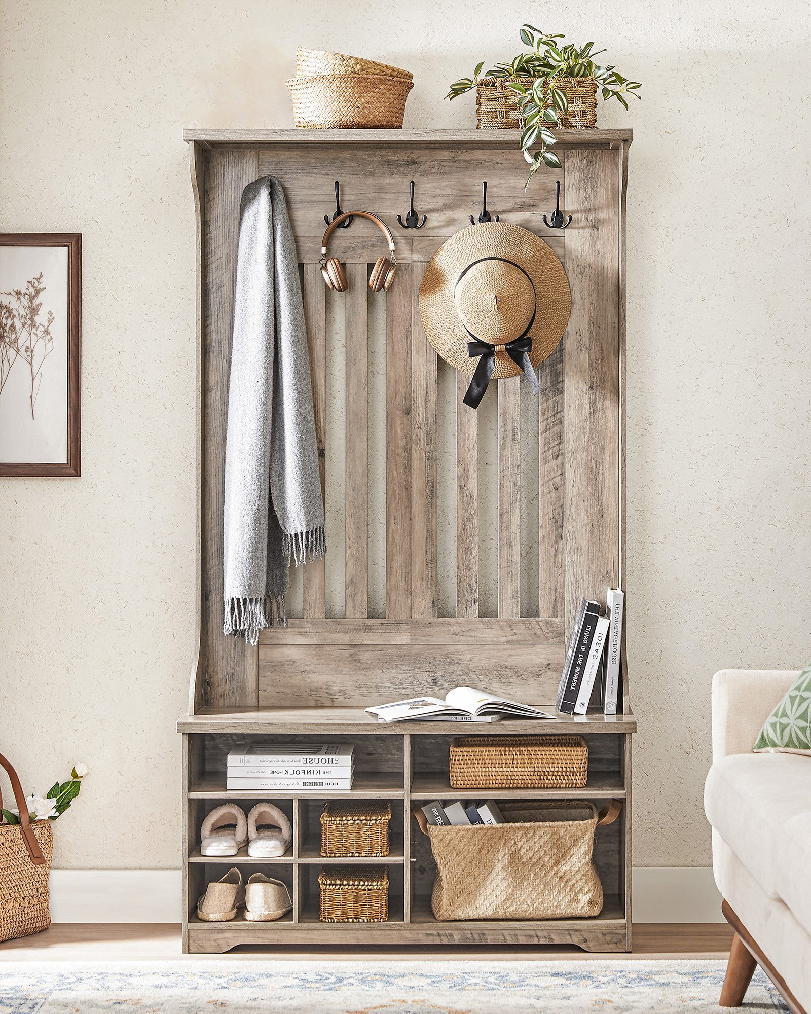 VASAGLE Garderobenständer Garderobe, Garderobenständer mit Schuhbank, Garderobe, Schuhaufbewahrung