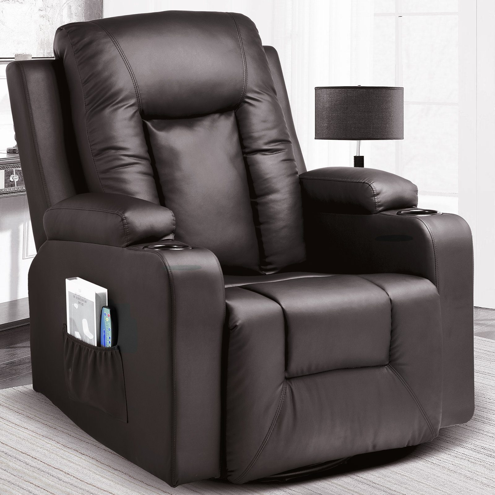 COMHOMA Relaxsessel TV Sessel mit mit Wärmefunktion Massage/Wippfun-und Getränkehalter Heizung-Rückenlehne, Braun Seitentaschen und 2
