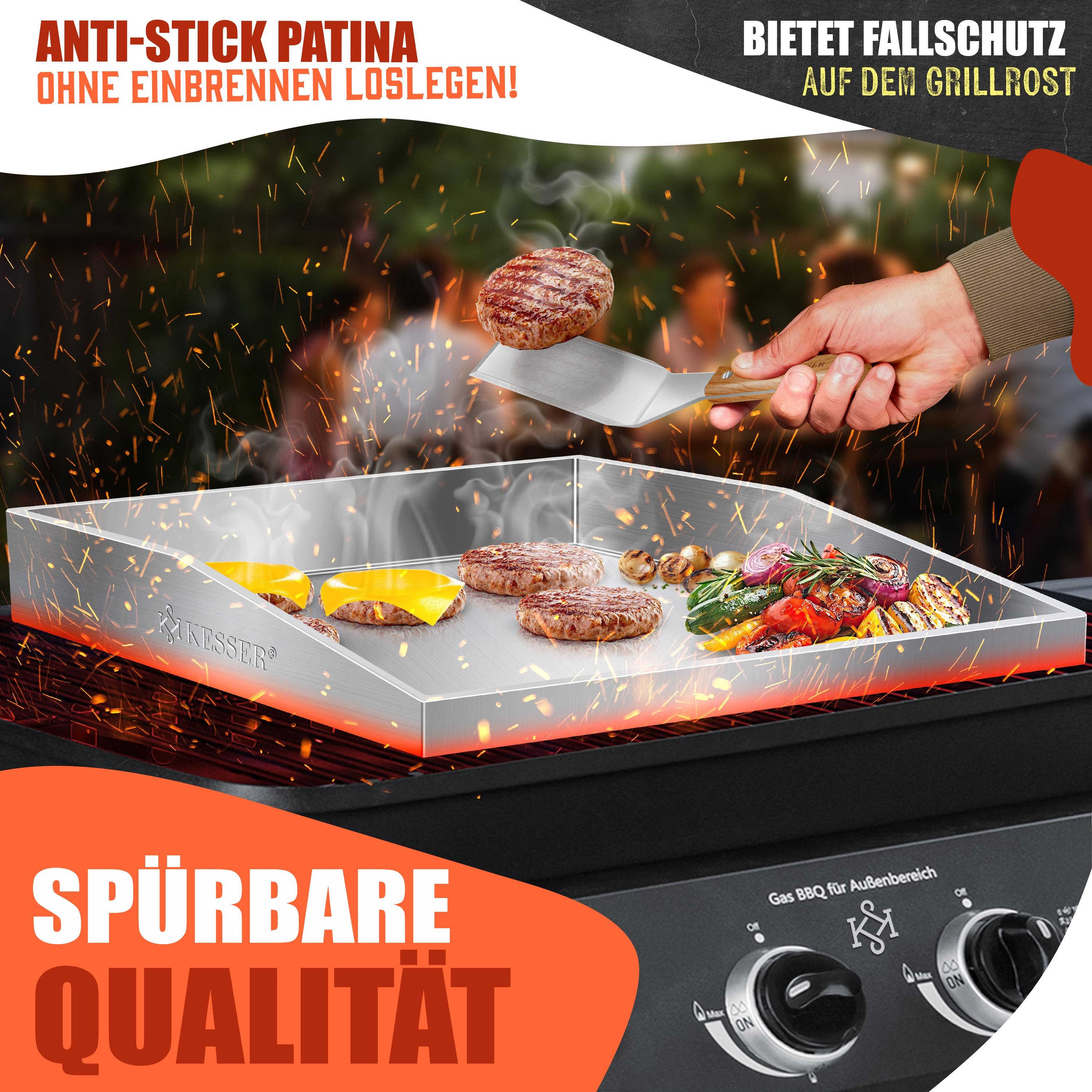 KESSER Grillplatte Plancha aus Edelstahl hitzebeständig bis 800°C (inklusive 2 Spatel, Grillschürze, Grillmatte & Rezeptbuch), Grill Platte für Gas- & Holzkohle – Bild 5 von 5
