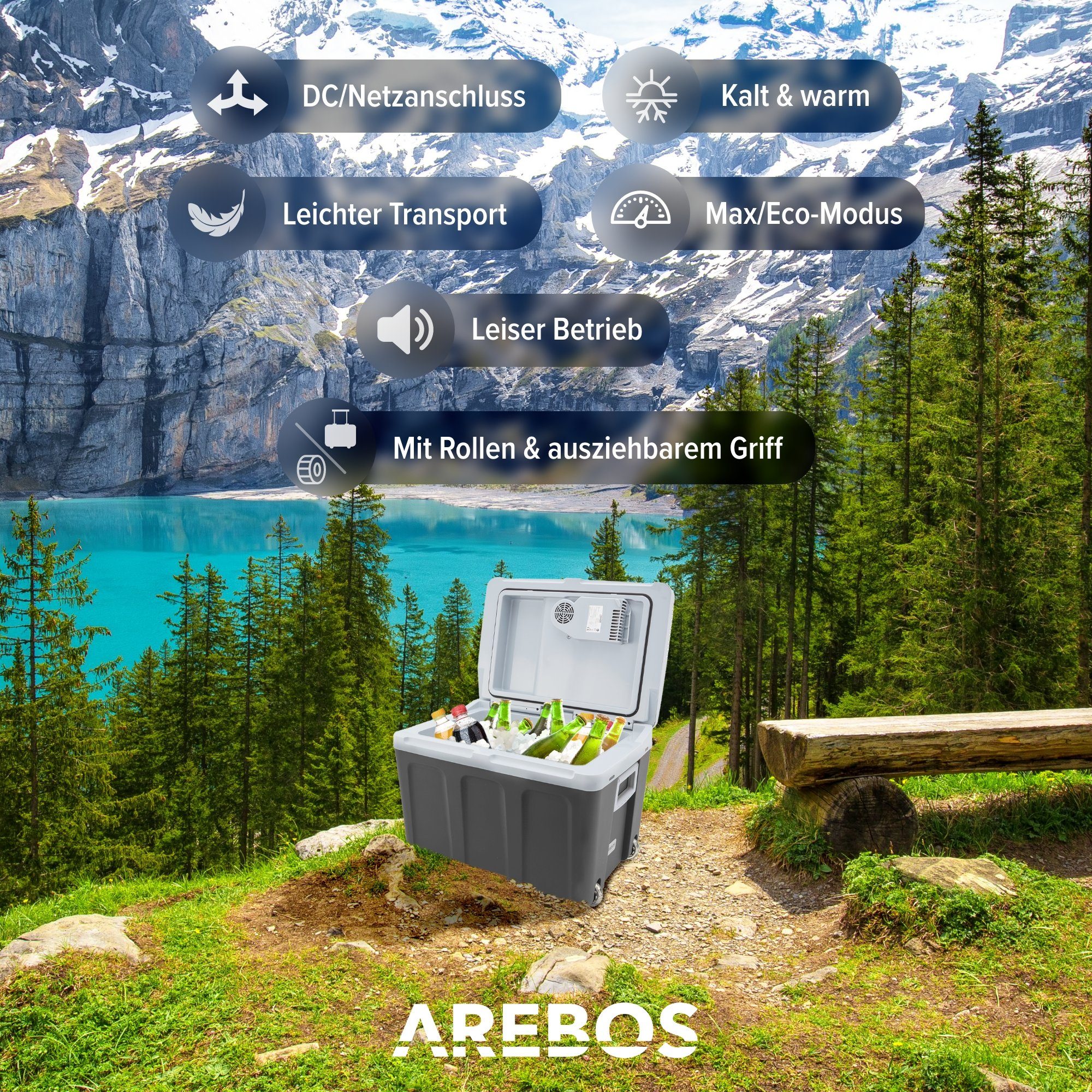 Arebos Elektrische Kühlbox 40L, Mobil Kühlschrank ECO Modus, Kühlen & Warmhalten, 2 Programme: COLD & HOT