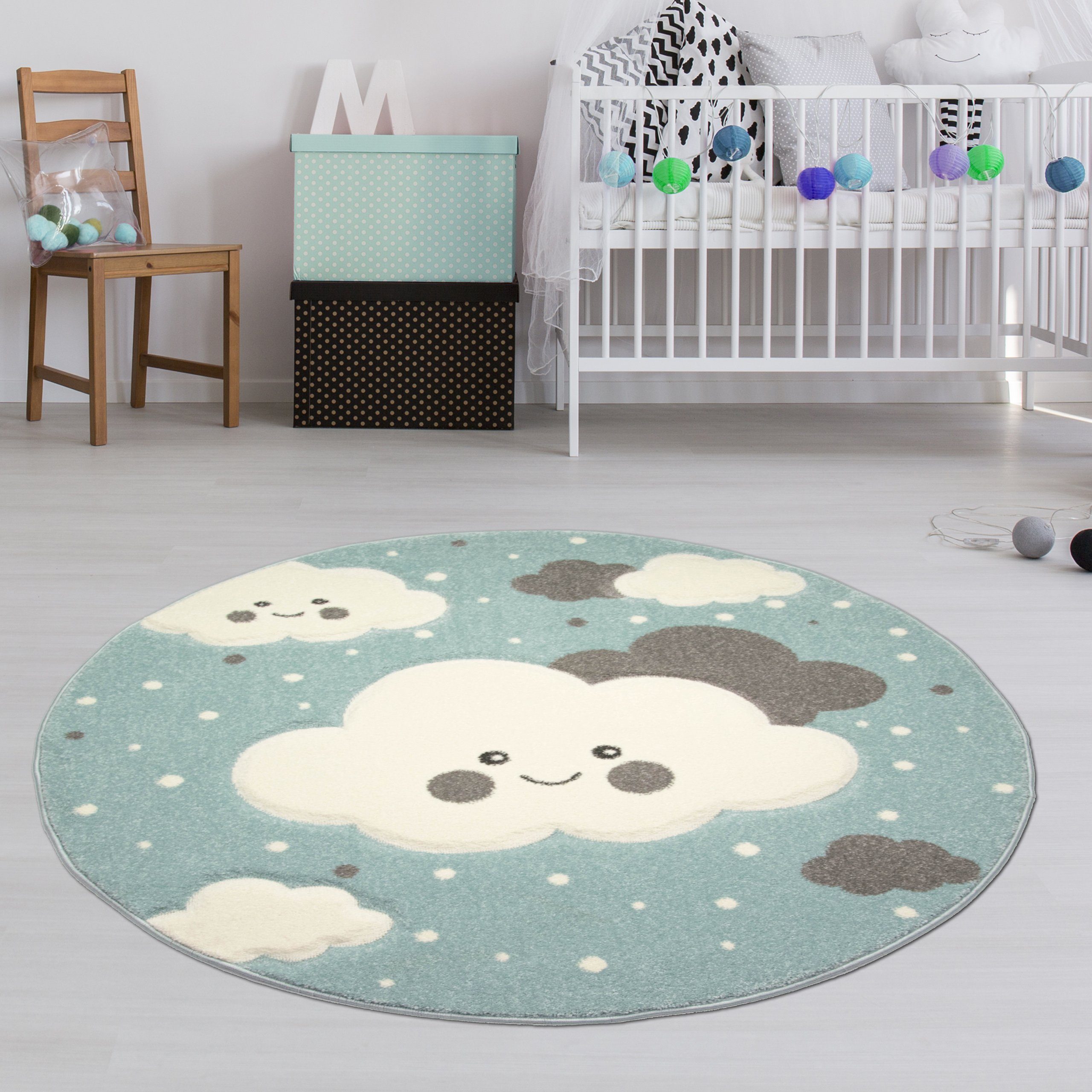 TeppichHome24 Kinderteppich Teppich für Kinder mit Wolken in Blau, rund, Höhe: 10 mm