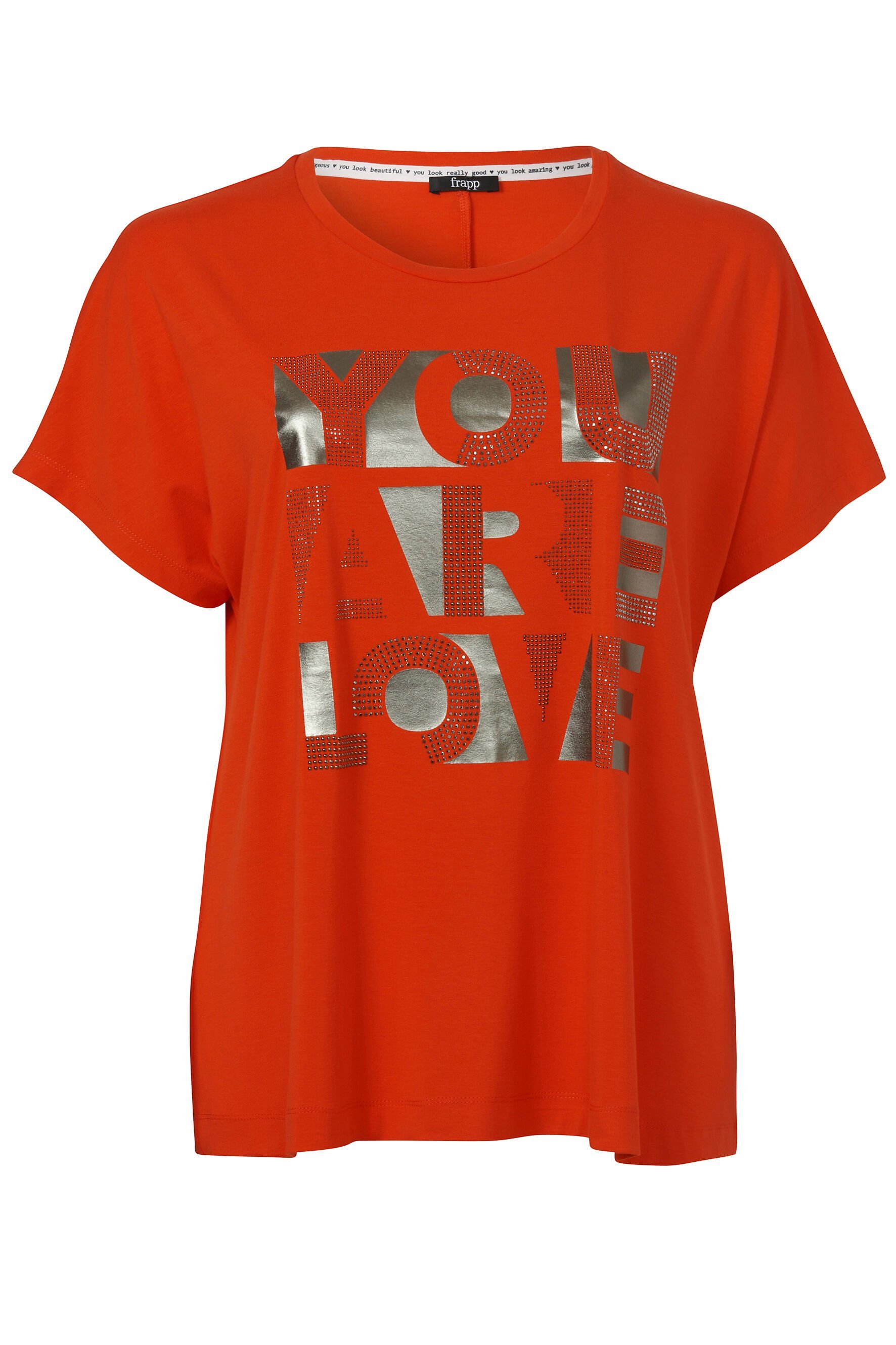 FRAPP Print-Shirt Glitzersteinen und einer Logo-Applikation dark orange