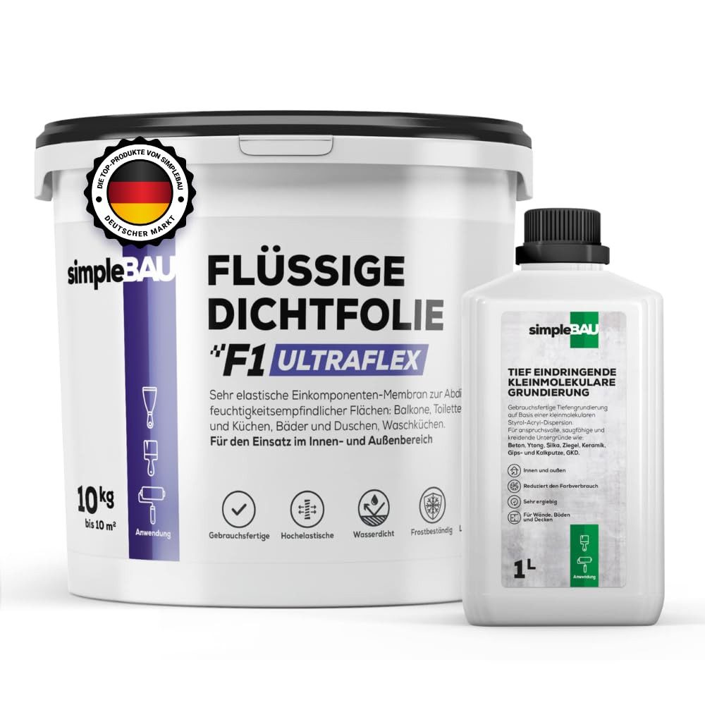 simpleBAU Dichtstoff Flüssigfolie Dichtfolie F1 Ultraflex 10 KG + 1L Tiefengrund