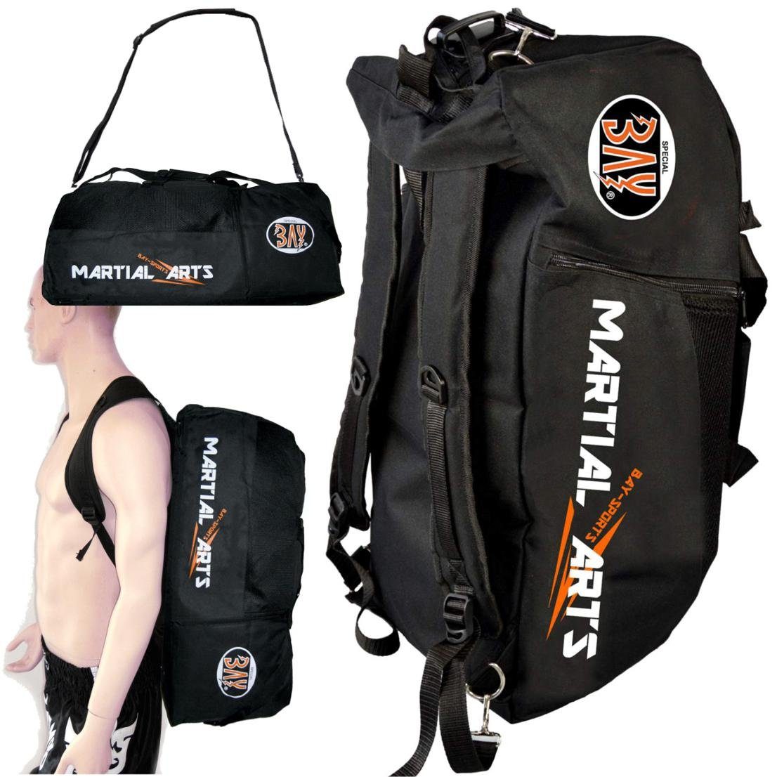 BAY-Sports Sporttasche Martial Arts Fight Trainingstasche Sport groß Rucksack Jumbo schwarz Kampfsport Kickboxen Karate MMA Thaiboxen (2 in 1, Kombi Rucksacktasche), Muay Thai, Fighting Wear, Krav Maga, Taekwondo