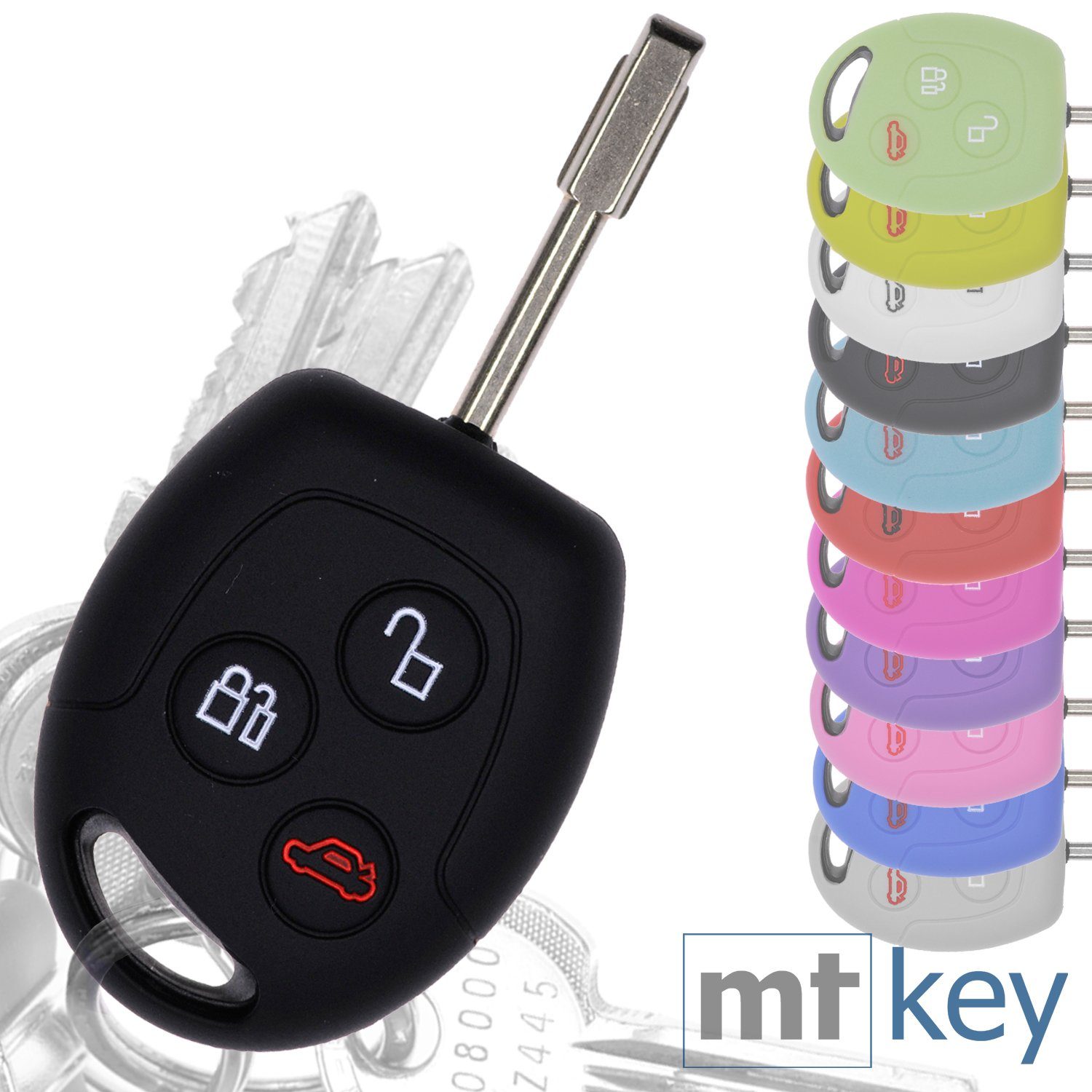 mt-key Schlüsseltasche Autoschlüssel Softcase Silikon Schutzhülle Schwarz, für Ford Transit Mondeo Focus II Fiesta VI Fusion Galaxy S-MAX 3 Knopf