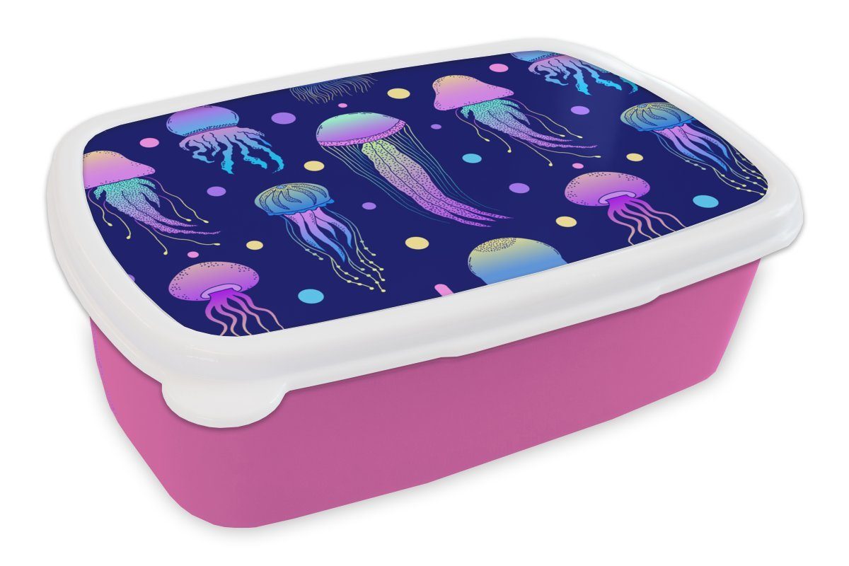 MuchoWow Lunchbox Quallen - Muster - Meerestiere - Neon, Kunststoff, (2-tlg), Brotbox für Erwachsene, Brotdose Kinder, Snackbox, Mädchen, Kunststoff rosa