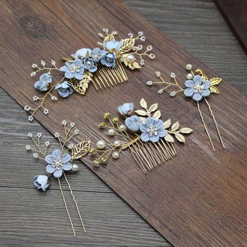 FIDDY Haarnadeln 4 Stück Gold Hochzeit Haarkamm Perle Blume Braut Haarschmuck Strass, 4-tlg.