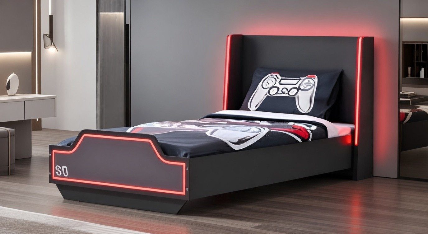 Xlmoebel Kinderbett Stylisches Bett mit LED Akzenten im Gaming Stil für Jugendliche (Kinderbett, Gaming-Bett mit LED-Akzenten), Made in Europa