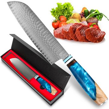 KingLux Damastmesser 2tlg. Damast Küchenmesser Set Damaststahl Santoku Chefmesser