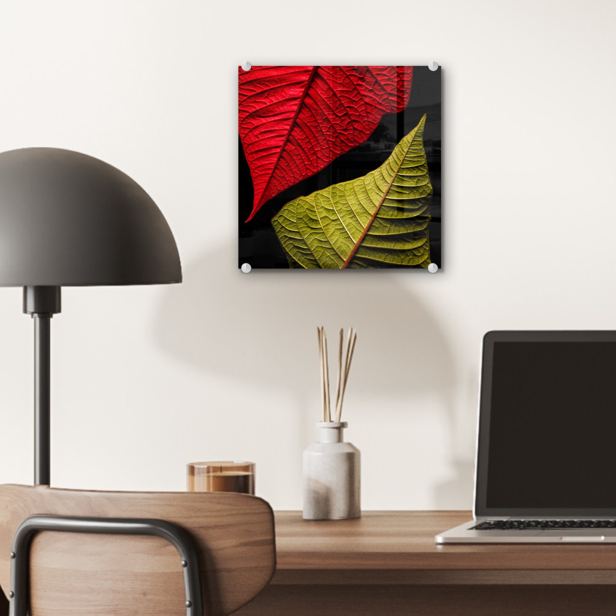 Glasbilder grüne Acrylglasbild auf schwarzem - Bilder Hintergrund, - auf Glas Rote und Glas Wanddekoration St), Blätter MuchoWow Wandbild Foto (1 auf -