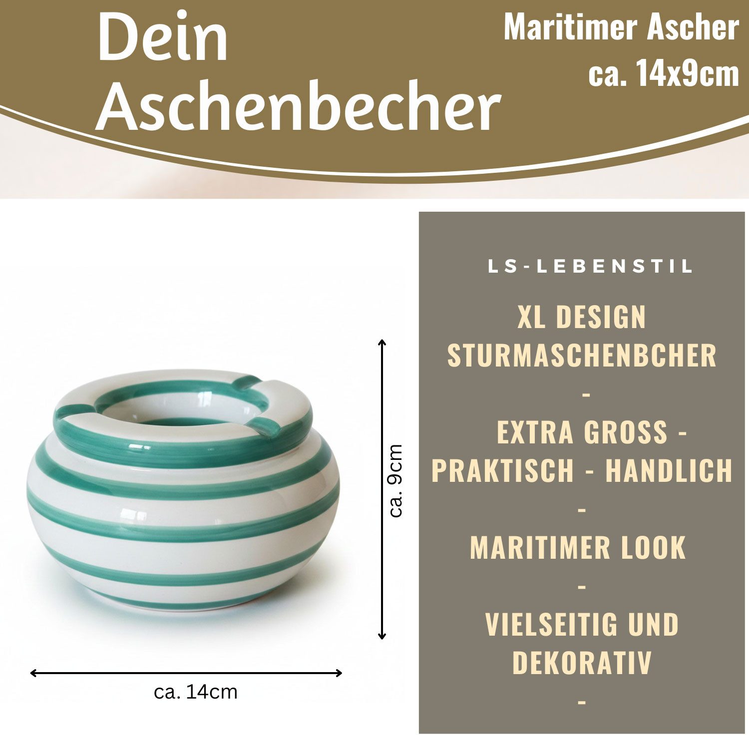 LS-LebenStil Aschenbecher XL Sturmaschenbecher 14x9cm Türkis Weiß Windaschenbecher, Windaschenbecher Ashtray Tischaschenbecher Garten Balkon Deko