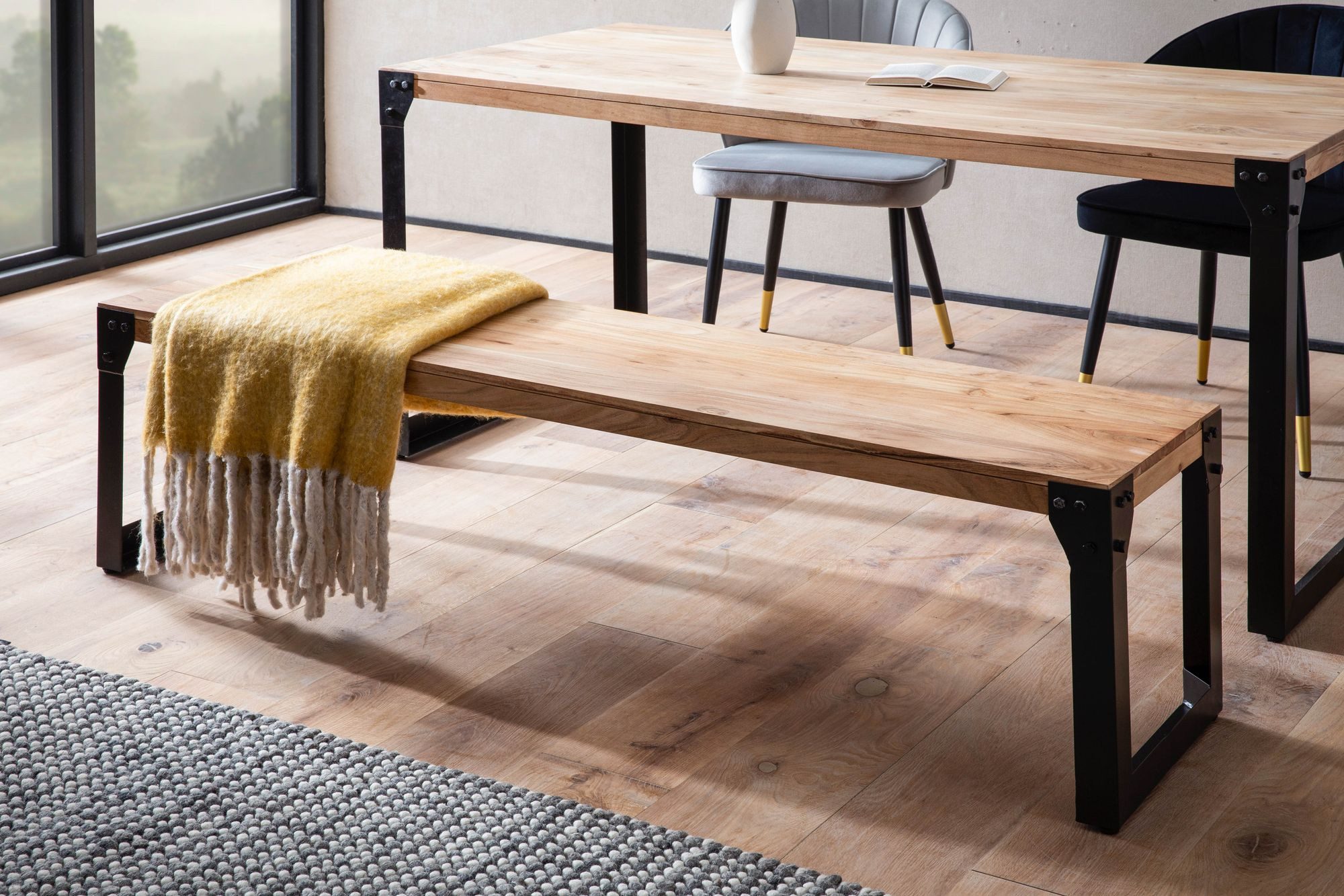 FINEBUY Essbank FB60608 Esszimmerbank Sitzbank Akazie Massivholz Industrial Holzbank (Akazie Massivholz 120 cm, Industrial Holzbank), Esszimmerbank ohne Lehne, Sitzbank Esszimmer Holz