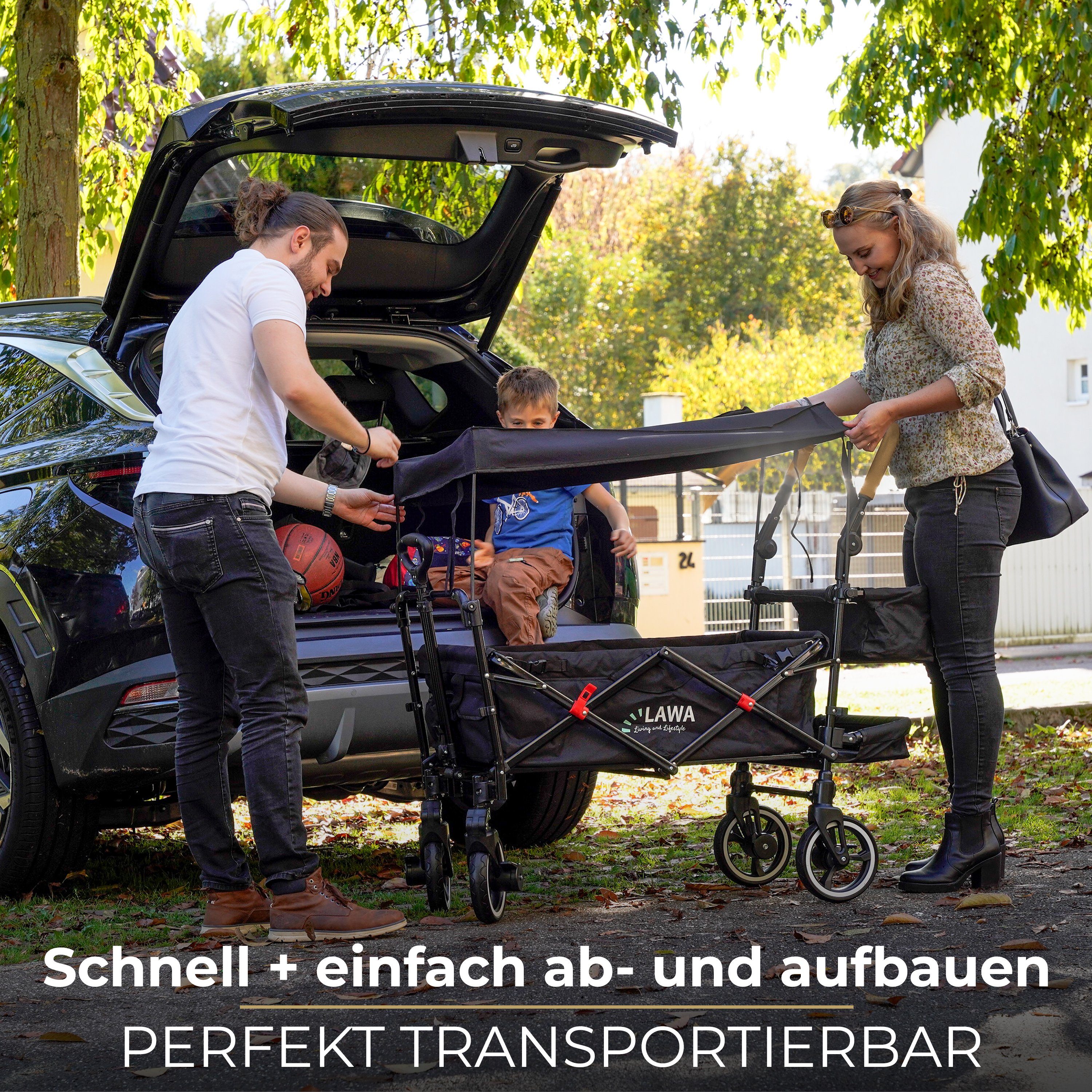 LAWA Living and Lifestyle Bollerwagen mit Dach für Kinder zum sitzen Handwagen faltbar zum schieben (Komplettset mit Regenhaube, Insektenschutz und Becherhalter), 80kg Tragkraft, schwarz