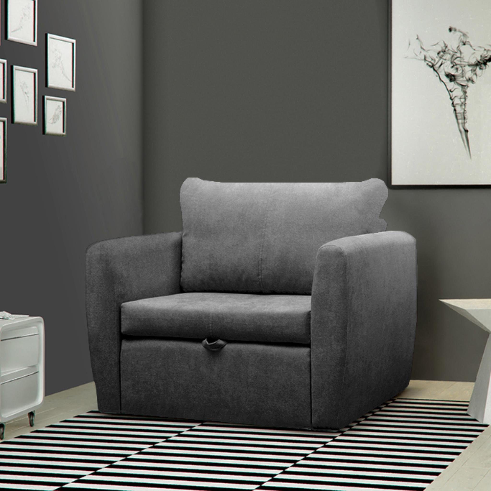 Beautysofa Relaxsessel Kamel (Modern 1-Sitzer Sofa, Wohnzimmersessel), mit Schlaffunktion, Bettkasten, Polstersessel Dunkelgrau (alfa 19)
