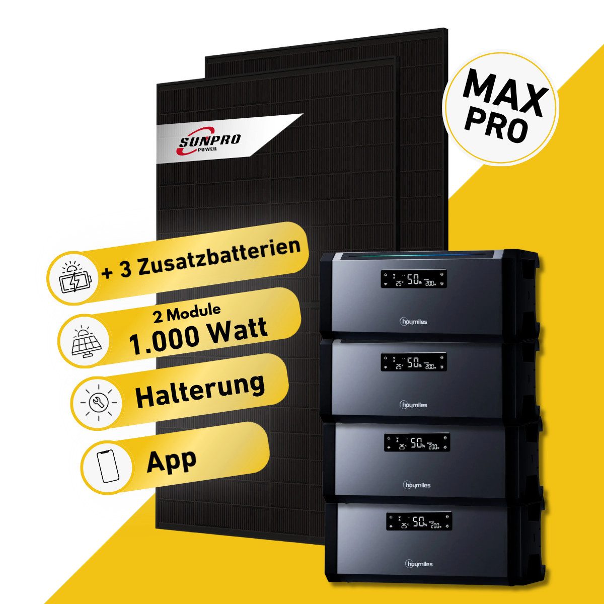 Balkonstrom Balkonkraftwerk MAX Pro 1000 Watt Solaranlage mit Speicher Komplettset Bifazial, 1000 W, Monokristallin, (2x Sunpro Solarmodul á 500 Watt, 1x Hoymiles HiBattery 1920 AC, 1-5 Zusatzspeicher Hoymiles HiBattery), Halterung für Dach, Fassade, Balkon & Garten, App & Plug&Play DE