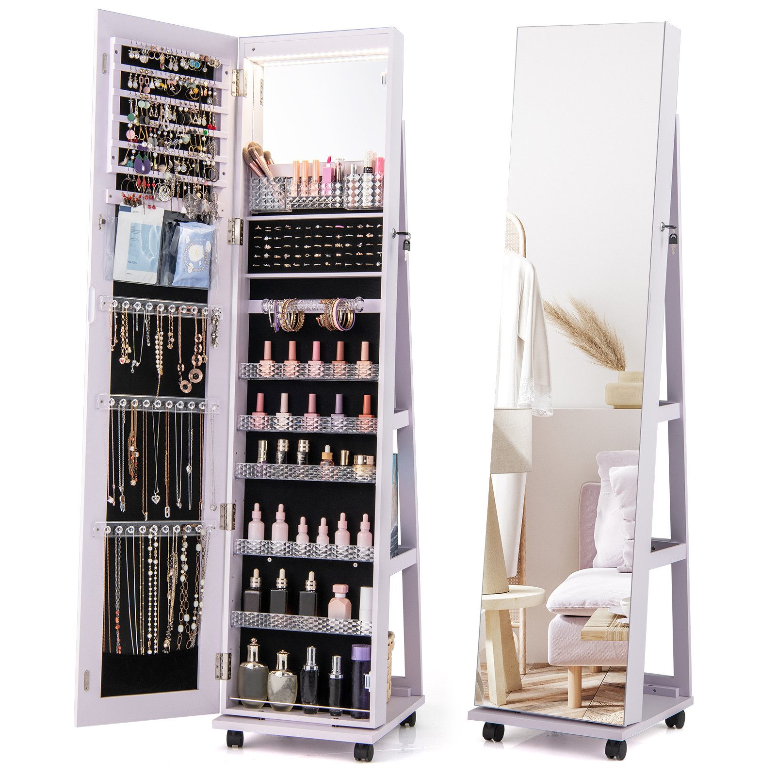 COSTWAY Schmuckschrank mit Spiegel & LED, auf Rollen, stehend, abschließbar günstig online kaufen