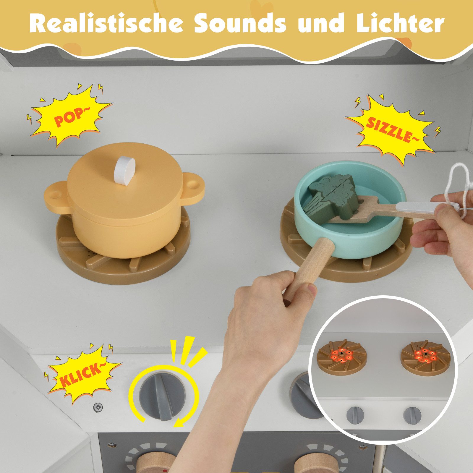 COSTWAY Spielküche Holz, Eckküche mit herausziehbarem Mülleimer, Vorhang, Spüle