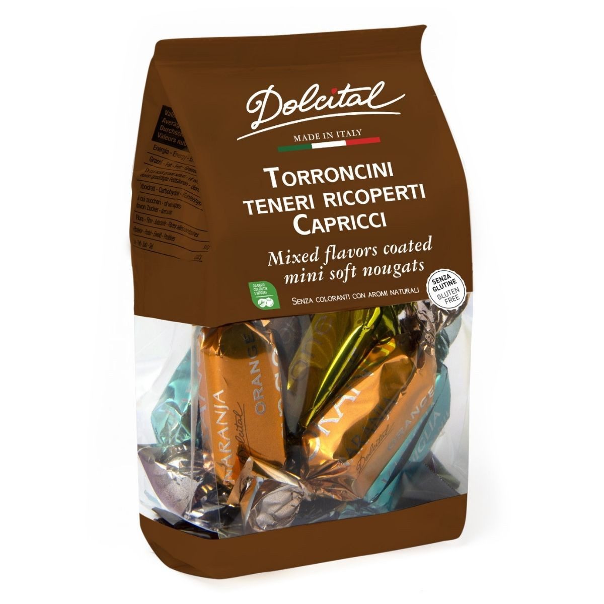 Dolcital Süßigkeit Torroncini überzogen mit Orange, Vanille, Zitrone oder Schokolade, 130 g, weicher Nougat einzeln verpackt, Glutenfrei