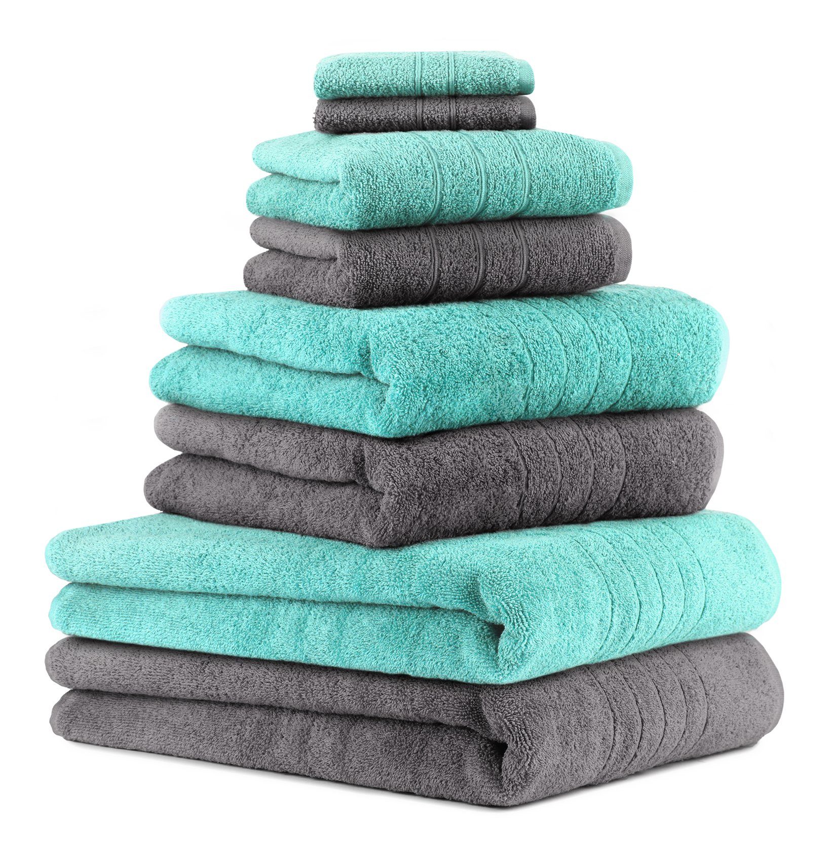 Betz Handtuch Set 2 Seiftücher Baumwolle türkis, 2 anthrazit Handtücher 100% 8-TLG. 2 grau Duschtücher und Deluxe 100% Baumwolle, 2 Handtuch-Set Farbe (8-tlg) Badetücher