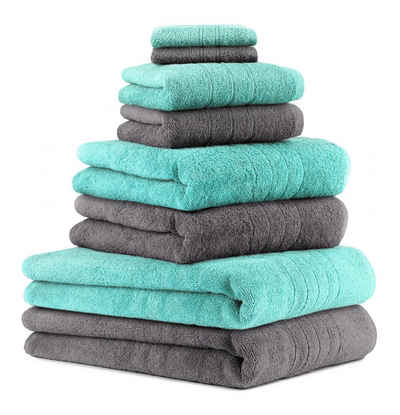 Betz Handtuch Set 8-TLG. Handtuch-Set Deluxe 100% Baumwolle 2 Badetücher 2 Duschtücher 2 Handtücher 2 Seiftücher Farbe anthrazit grau und türkis, 100% Baumwolle, (8-tlg)