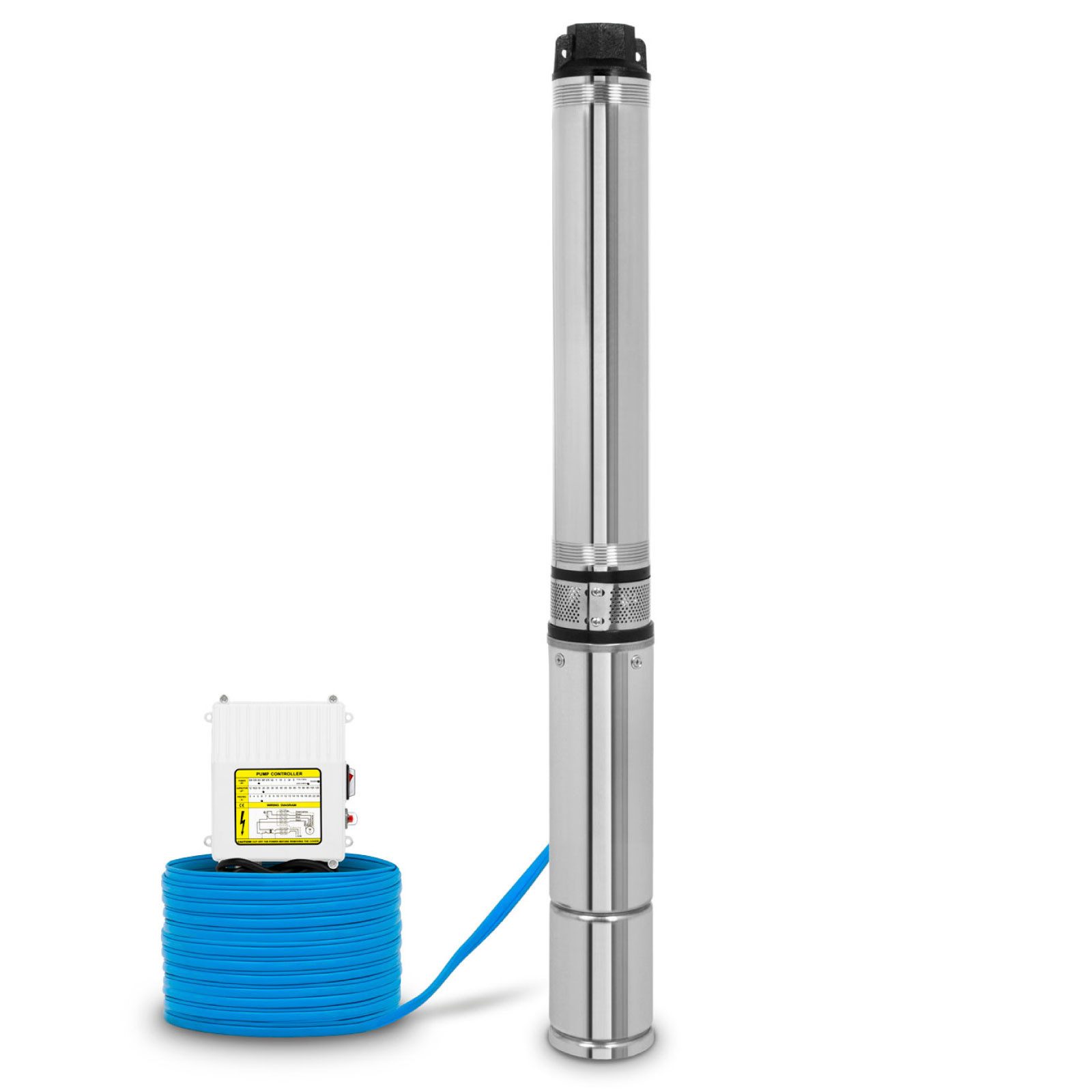 EBERTH Tiefbrunnenpumpe 4" aus rostfreiem Edelstahl, Elektrisch 750W, Durchmesser Pumpe 4 Zoll (Anschlussgewinde 1 1/2 Zoll), Stromkabel 20m, Förderhöhe max. 56m, mit Schmutzsieb