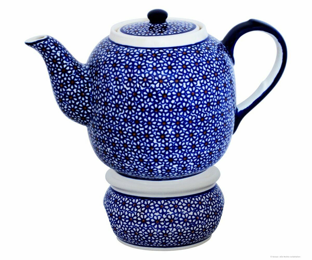 Bunzlauer Keramik Teekanne 1,5L Teekanne mit Stövchen – Zeitlos, kompakt-bauchige Form, Dekor 120, 1,50 l