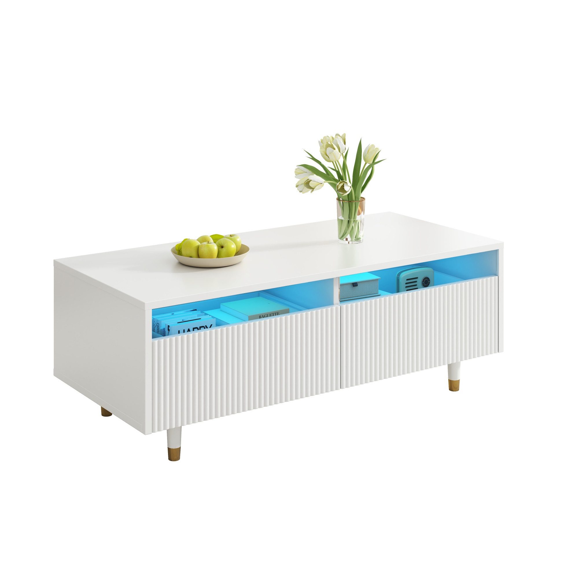 Couchtisch LED-Couchtisch 110×50×40 cm – 2 Schubladen, 7-Farben-Beleuchtung