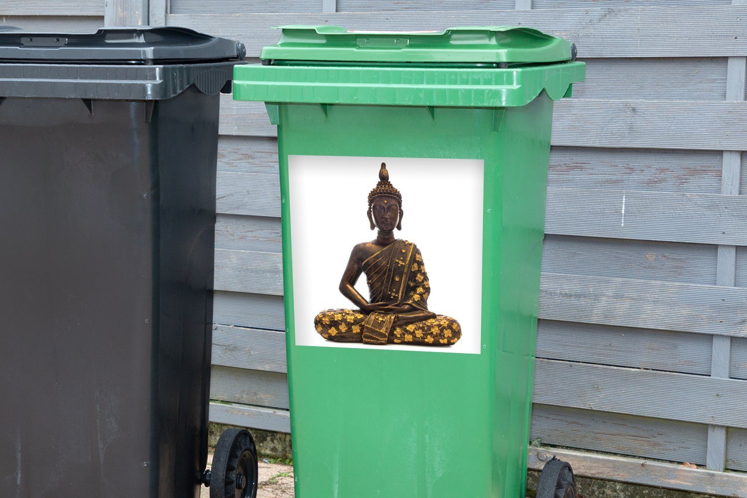 St), (1 Holz Buddha Mülltonne, Wandsticker - Abfalbehälter Weiß - Container, MuchoWow Sticker, Mülleimer-aufkleber,