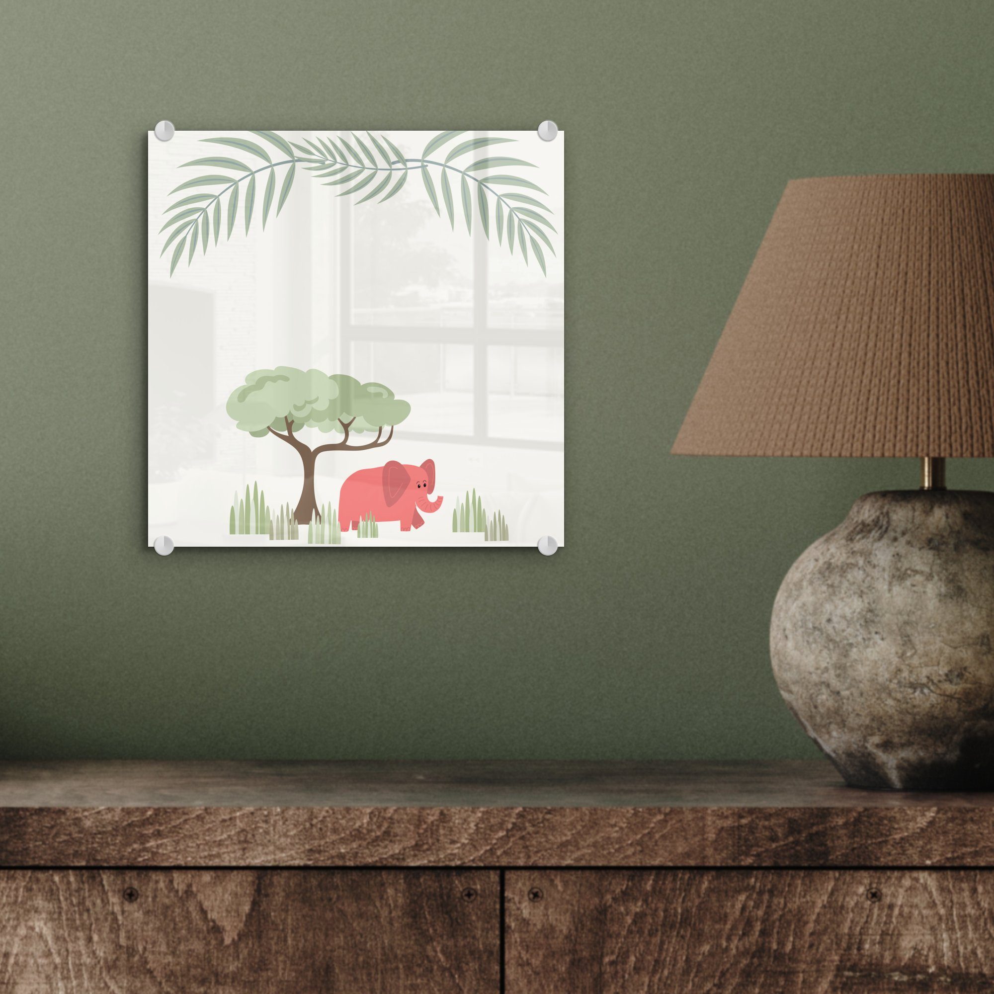 Elefanten MuchoWow Glasbilder Illustration mit Pflanzen, Wanddekoration tropischen auf Foto Acrylglasbild - auf eines St), Wandbild - - Glas (1 Bilder Glas