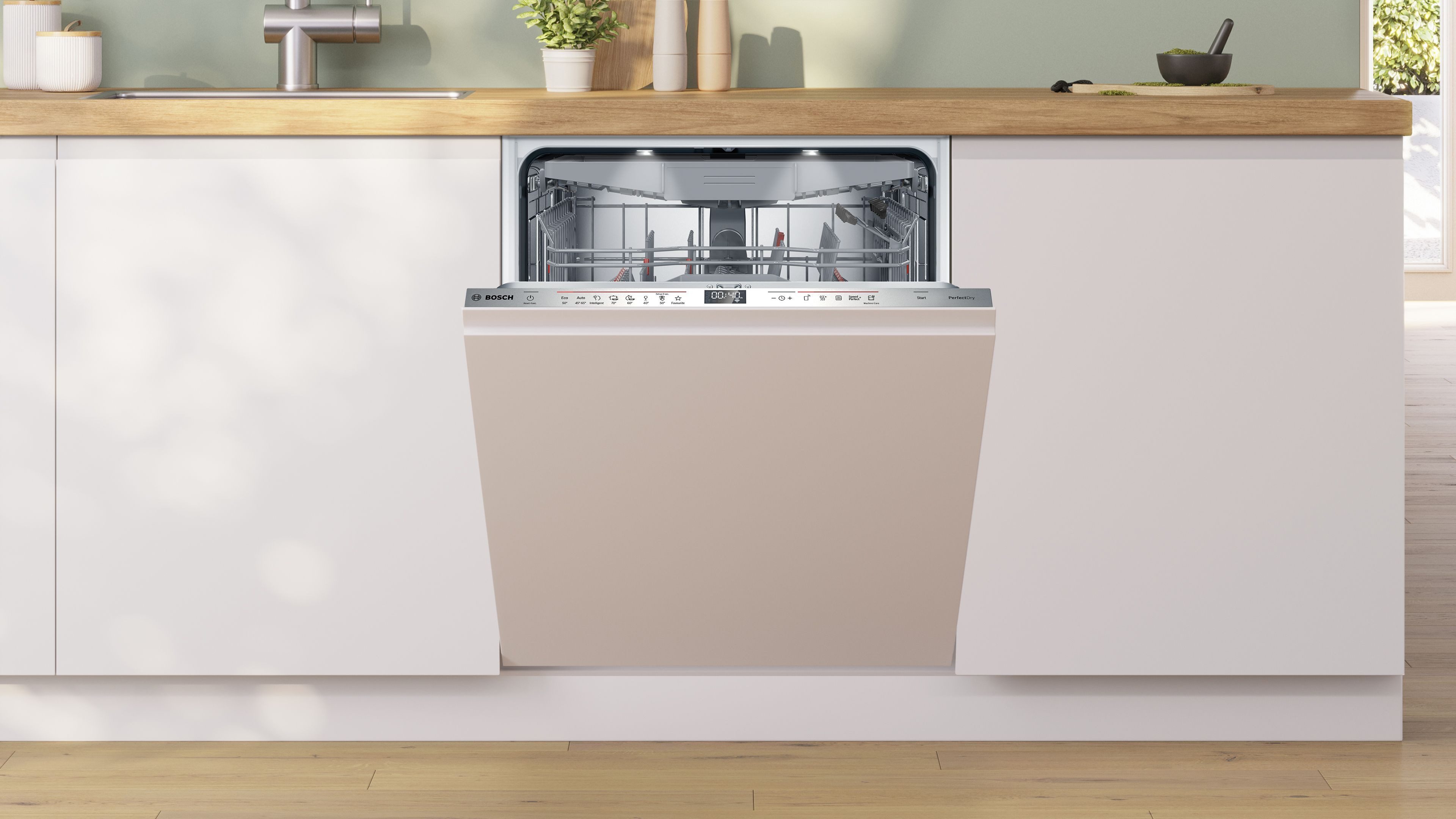 BOSCH vollintegrierbarer Geschirrspüler Serie 6 SMV6ZCX16E, 14 Maßgedecke, Time Light - Restzeit wird auf Küchenboden projiziert, flexible Körbe