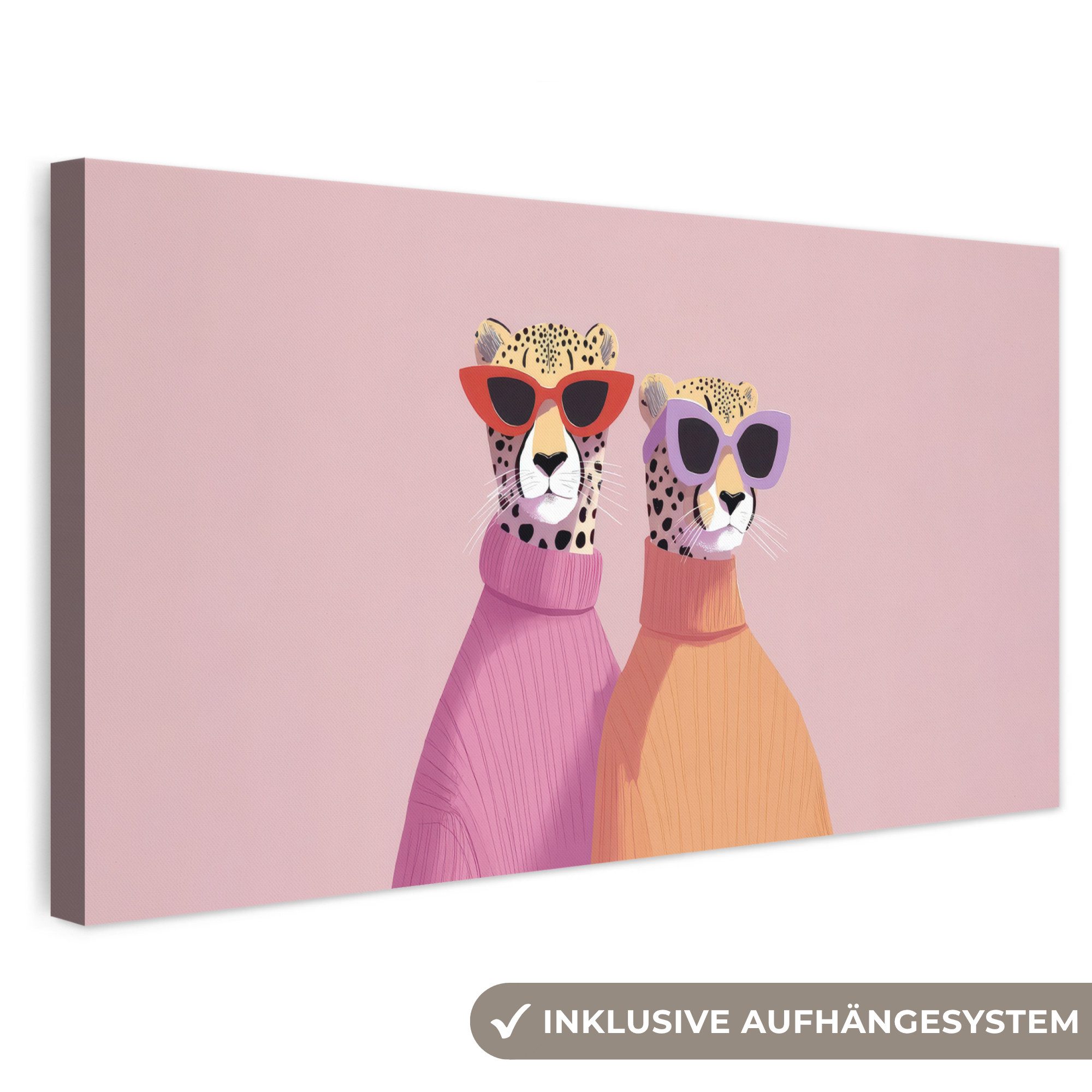 OneMillionCanvasses® Leinwandbild Panorama Jagd auf Leoparden - Sonnenbrillen - Pullover, Fotodruck (1 St), Wandbild, Deko Schlafzimmer Wohnzimmer Flur 40x20 cm