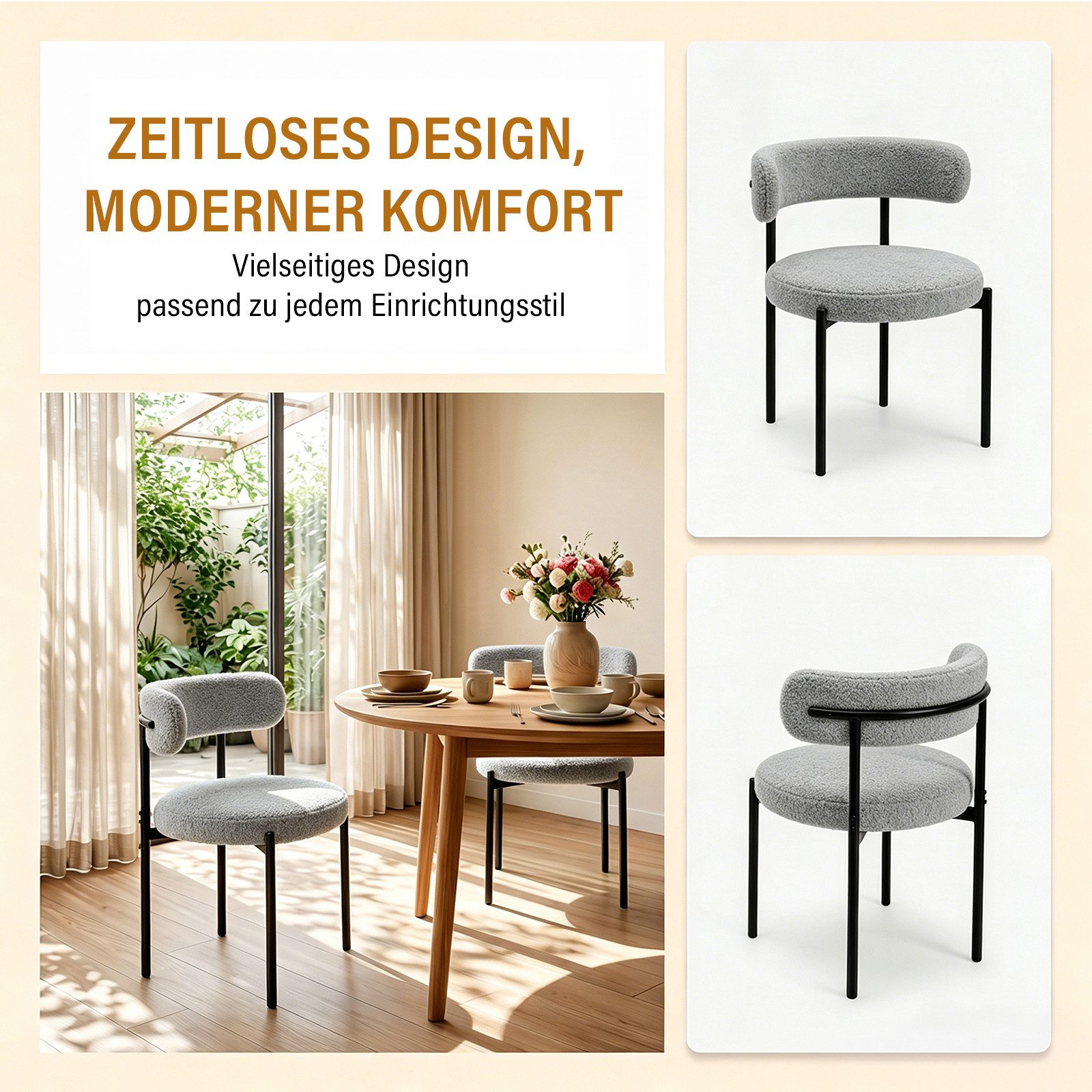 oyajia Esszimmerstuhl Polsterstuhl mit Metallgestell, Wohnzimmerstuhl, Küchenstuhl Runder (mit Rückenlehne), für Wohnzimmer, Esszimmer – Bild 5 von 5