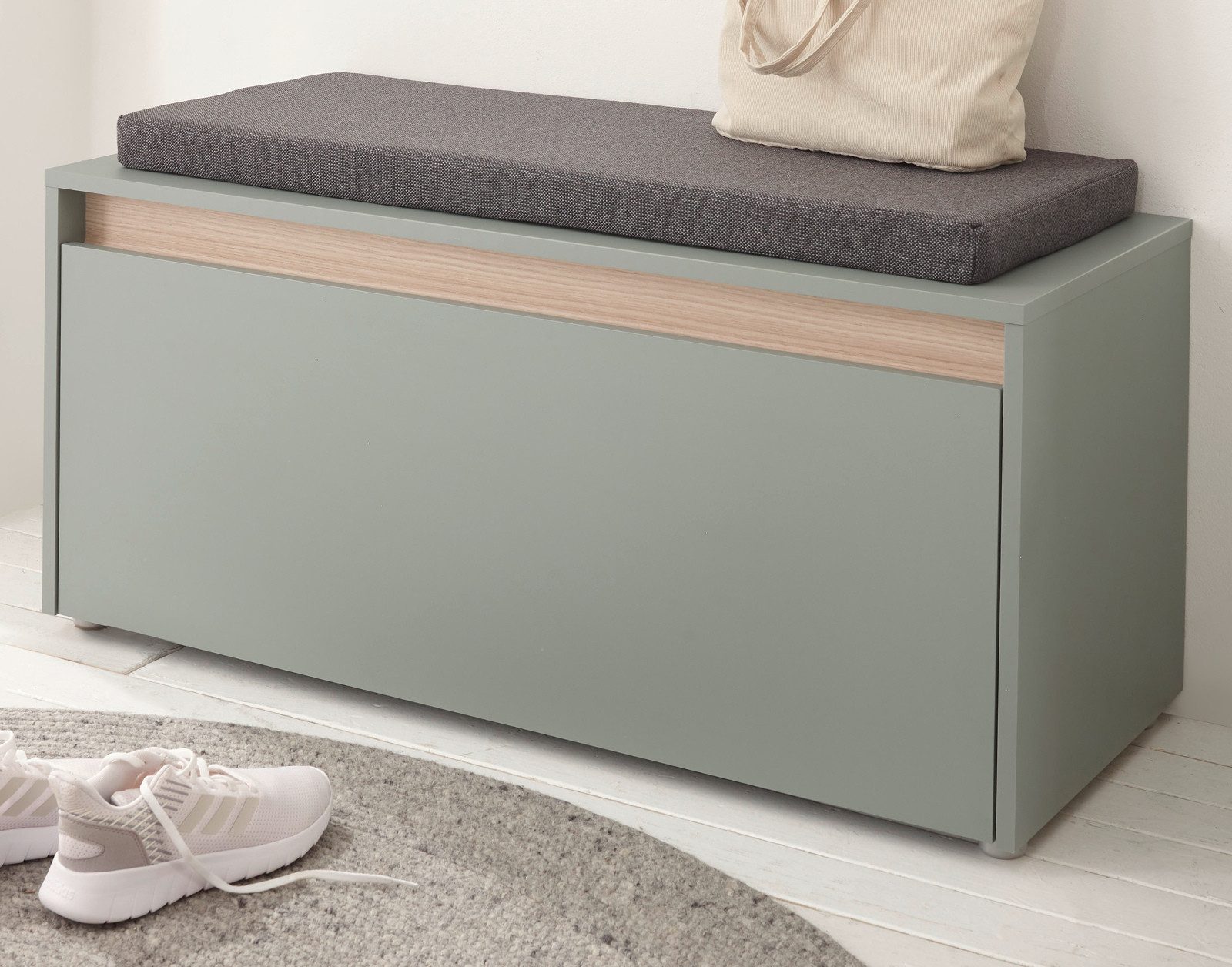 Furn.Design Schuhbank Center (Garderobenbank in Salbei Grün mit Eiche, 100 x 45 cm), mit 4 Fächern