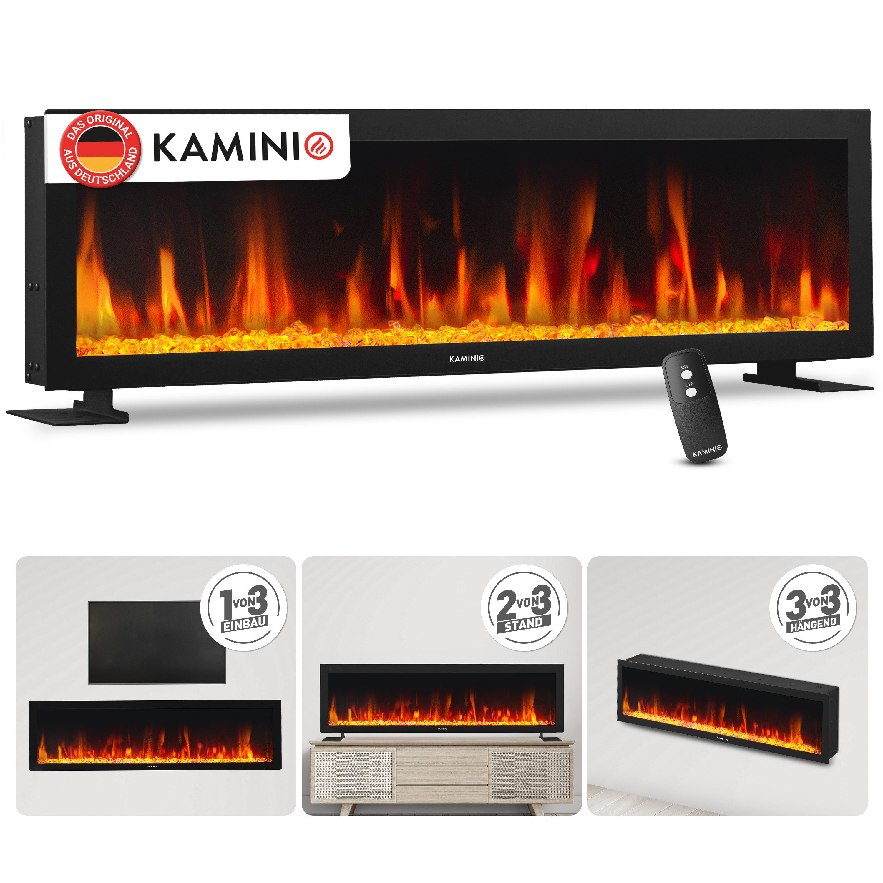 KAMINIO Elektrokamin OSKAR, 3-in-1, ohne Heizfunktion, 3D-LED-Flammeneffekt, Fernbedienung