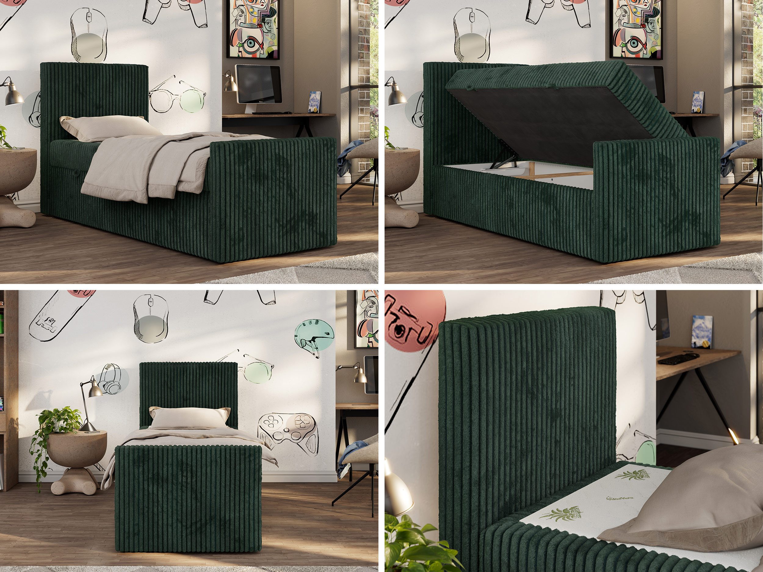 MKS MÖBEL Jugendbett TILIO DUO (Set, T30 Schaum, 7 Härtezonen, Multipocket Matratze), Einzelbett 90x200, hohe Kopfteil, Cordstoff, Bett mit Stauraum