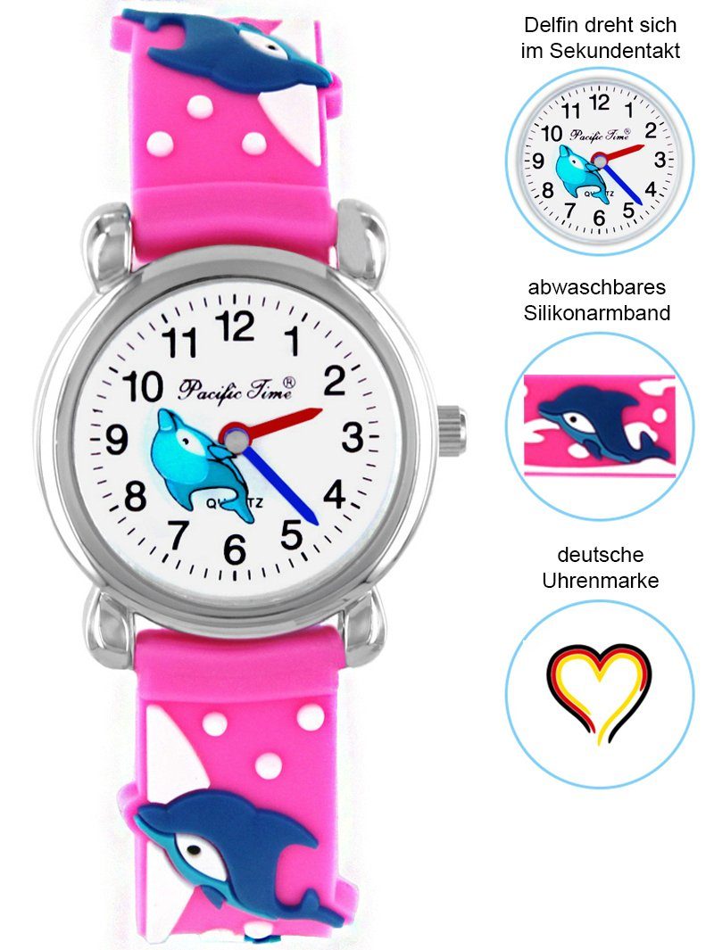 Pacific Time Quarzuhr Kinder Versand pink Armbanduhr Gratis Silikonarmband, Delfin