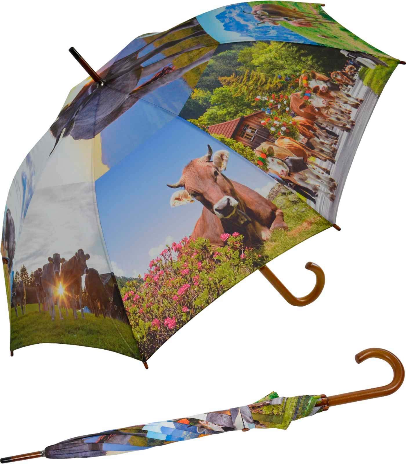 HAPPY RAIN Stockregenschirm großer Regenschirm mit Handöffner für Damen, mit Holzgriff und Alpenkuh-Motiv
