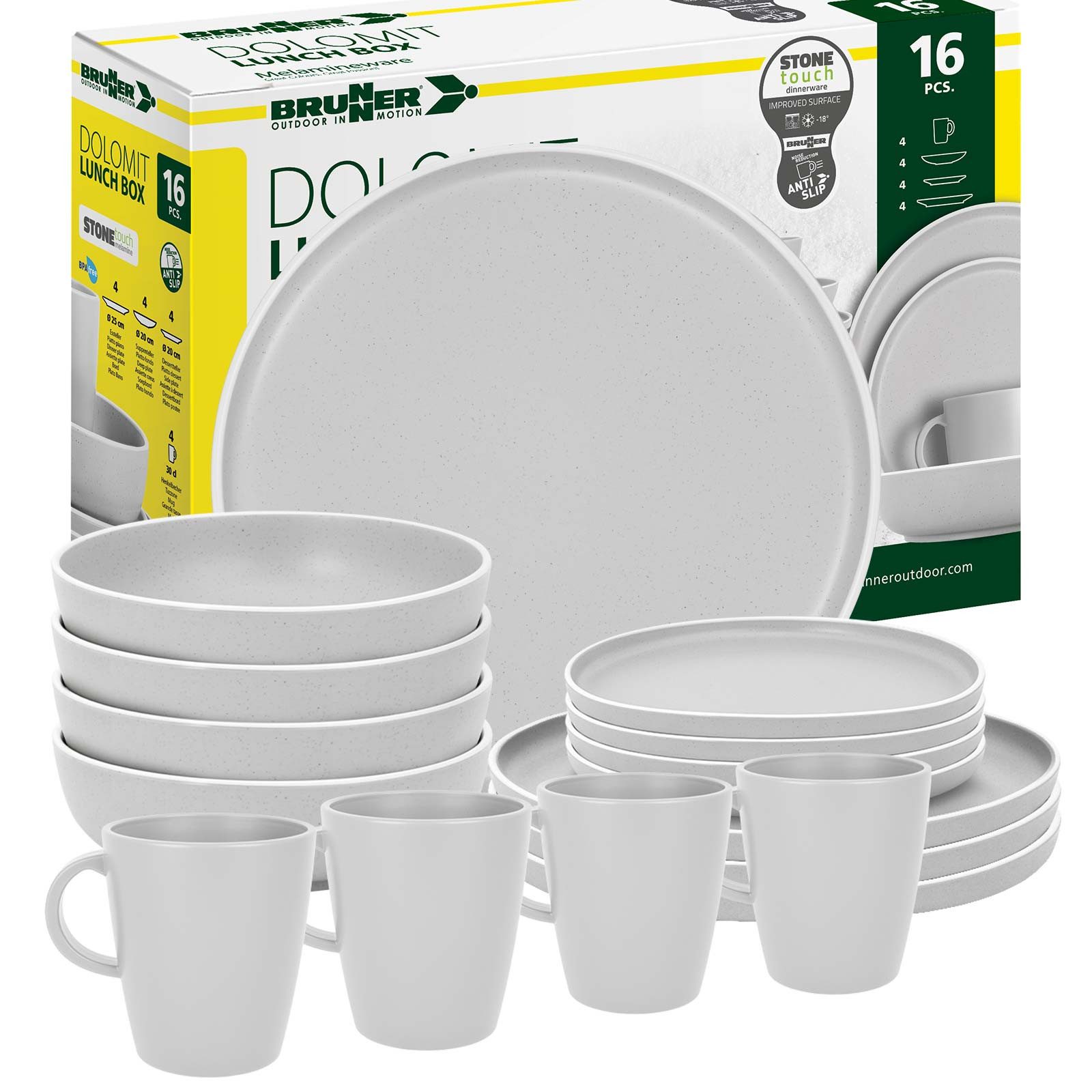 BRUNNER Geschirr-Set BRUNNER Camping Geschirrset DOLOMIT (12, 16, 36-tlg) HELLGRAU AntiSlip (16-tlg)