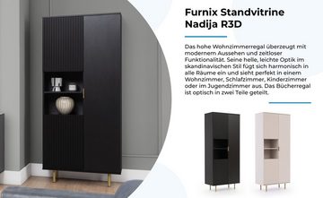 Furnix Standvitrine Nadija R3D Regalschrank mit 3 Türen und Metallfüßen Farbauswahl Lamellenoptik, made in Europe