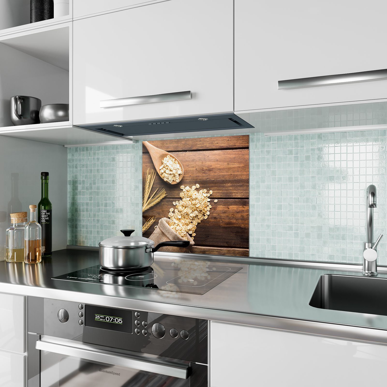 Küchenrückwand Haferflocken mit Primedeco Glas Holzlöffel Motiv Spritzschutz Küchenrückwand auf