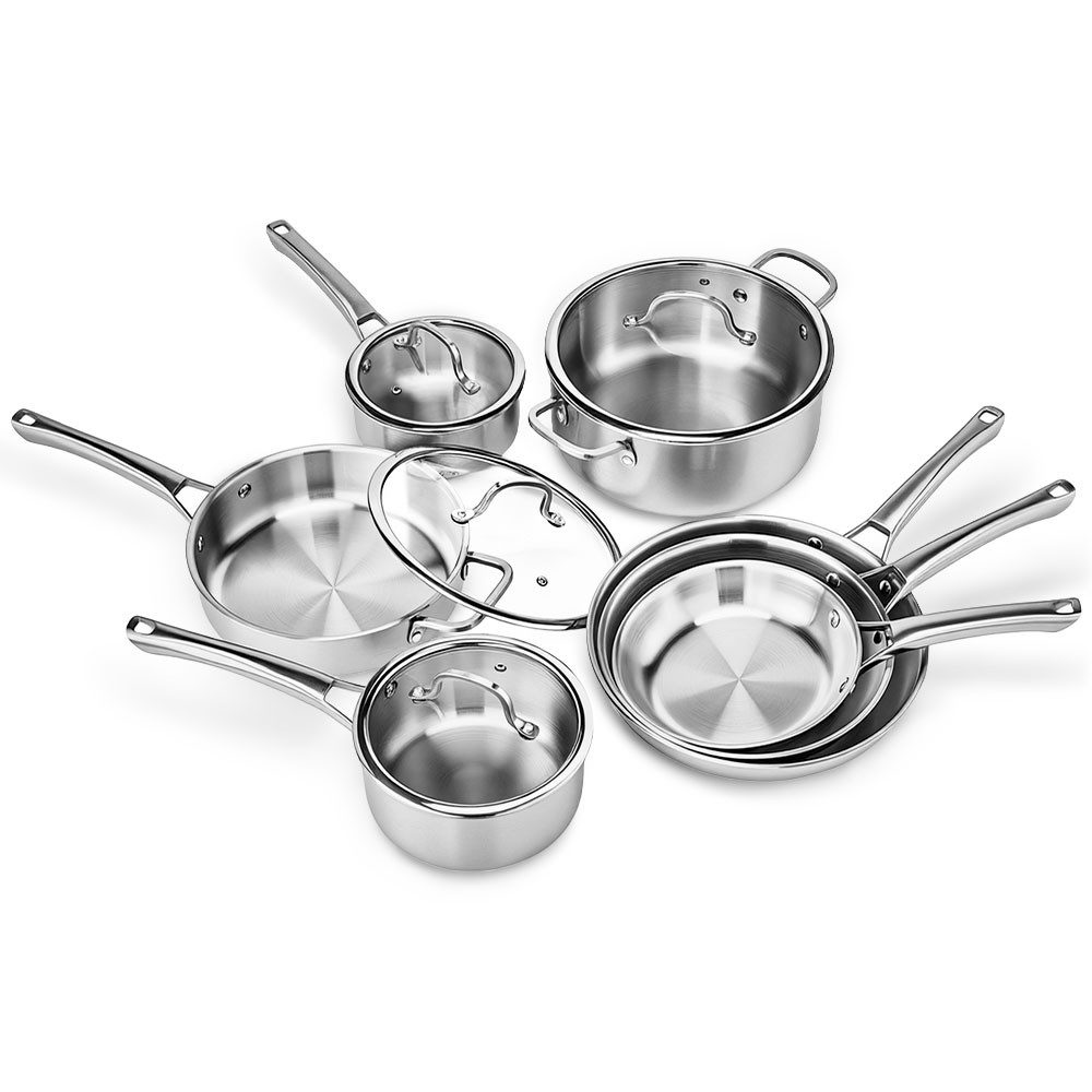 VINGLI Pfannen-Set Pfannenset Edelstahl, Bratpfannen, PTFE frei, (11-tlg., 3 Pfannen 4 Töpfe mit 4 Glasdeckeln), für alle Herdarten, Spülmaschinenfest