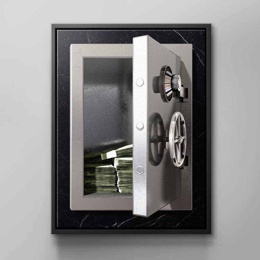 DOTCOMCANVAS® Leinwandbild, Luxus Wandbild Silberner Tresor von weißer Rahmen