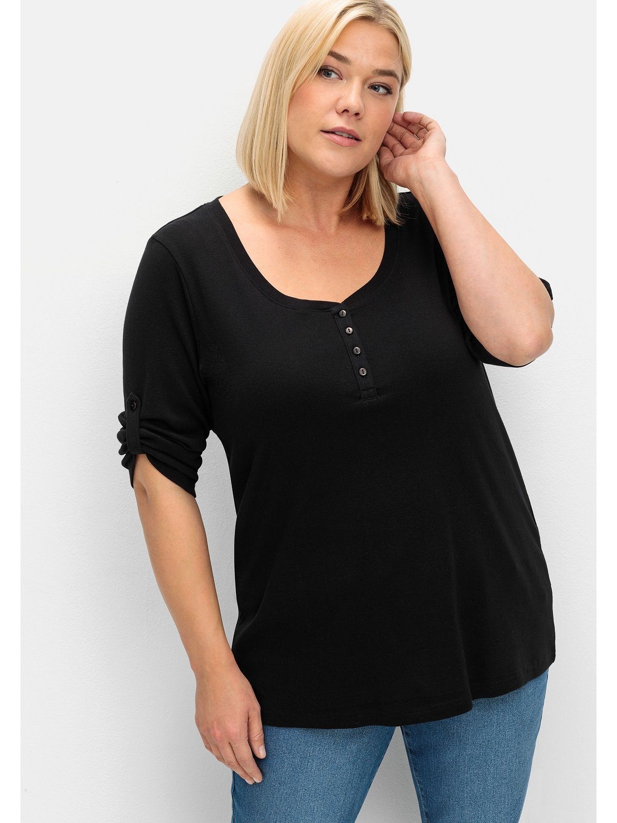 Sheego 3/4-Arm-Shirt Große Weiter mit aus kurzer Baumwolle, Größen Knopfleiste Rundhalsausschnitt reiner