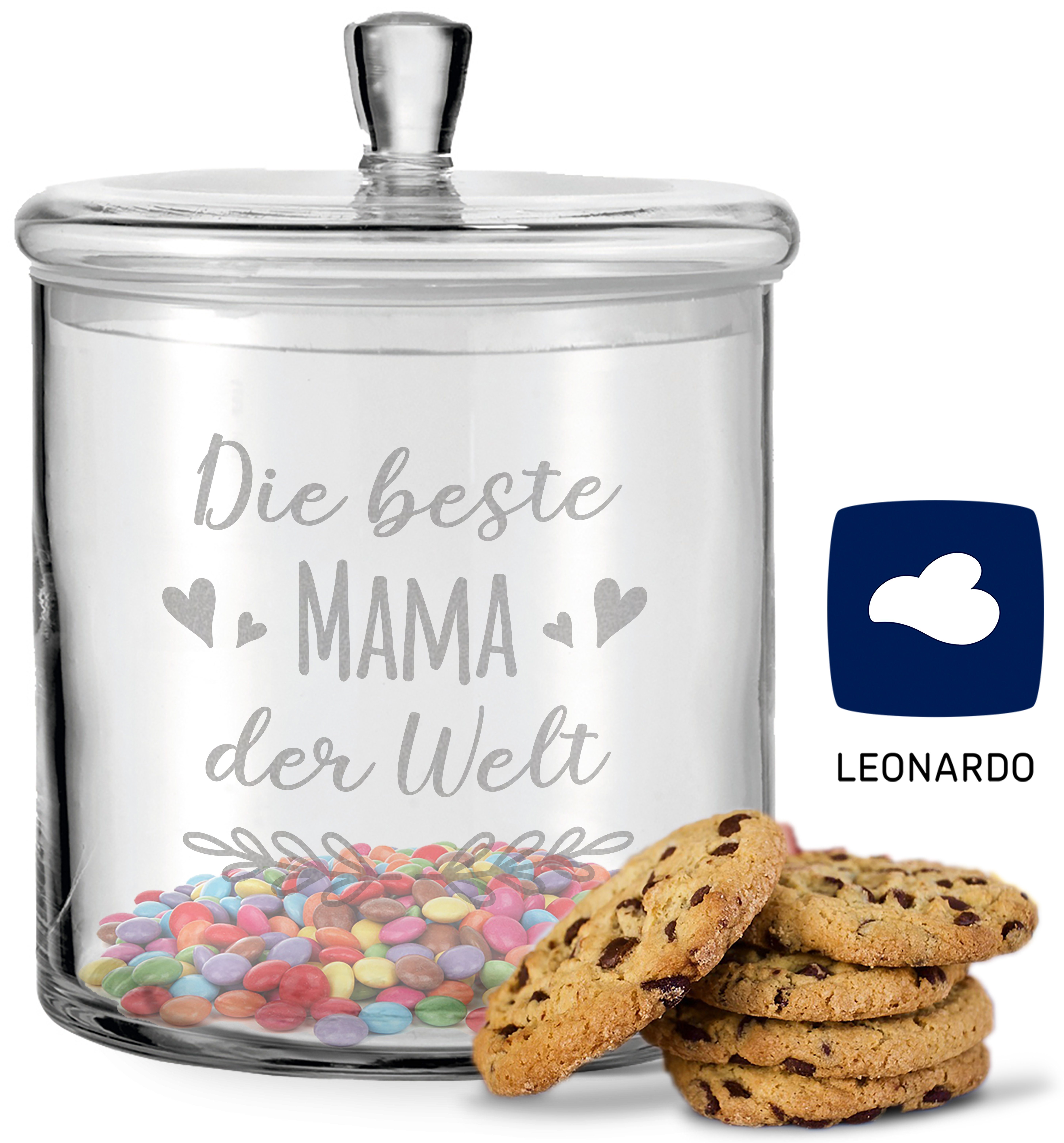 Welt Muttertag für mit Deckel zum Handgefertigte Glas, Deckel, Keksdose der mit Mama mit GRAVURZEILE - - Glasdose Keksdose Gravur Beste Mama