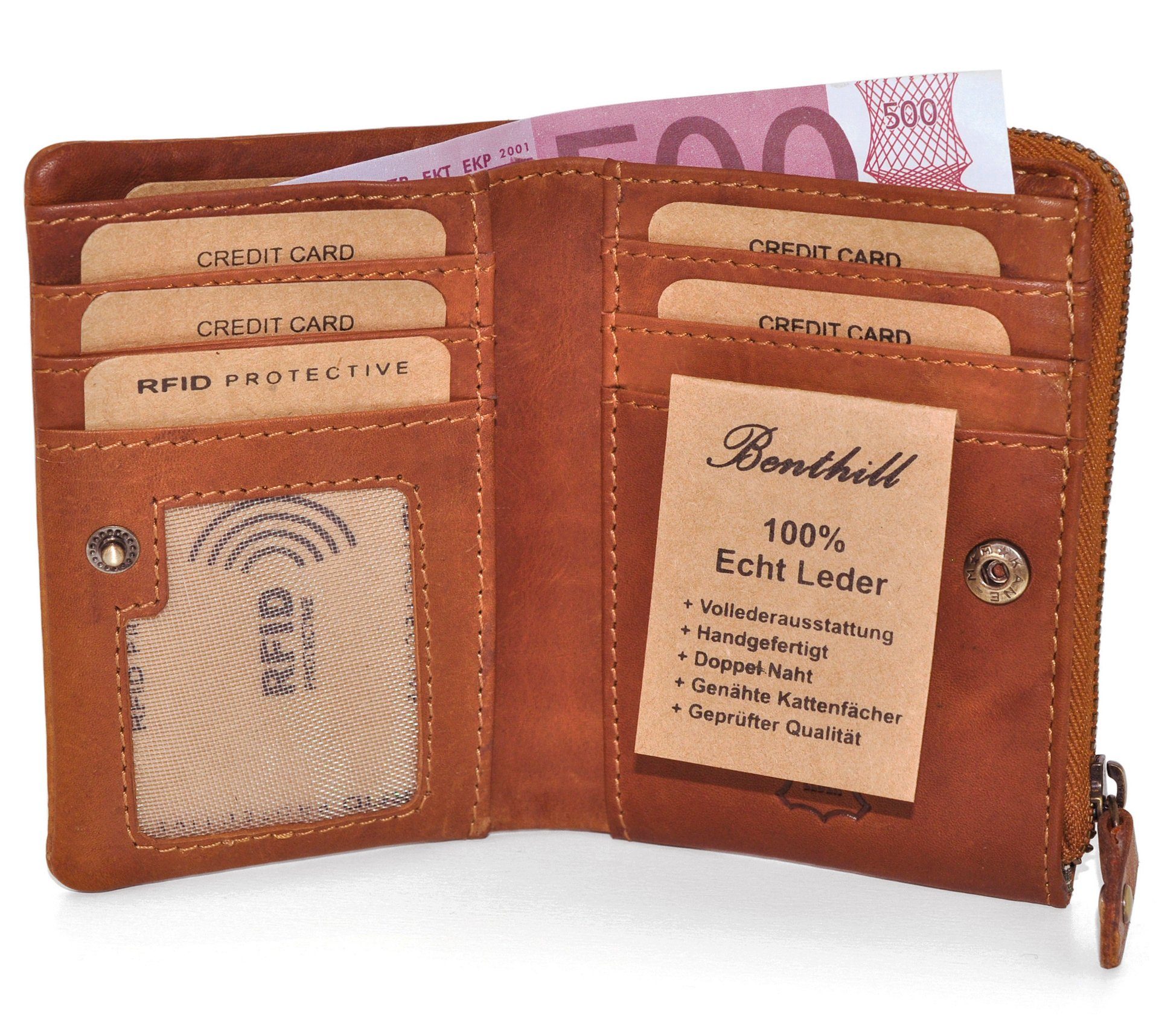 Klein Slim-Wallet, Schutz Kartenfächer Münzfach Leder Reißverschlussfach RFID-Schutz Braun Echt RFID Benthill 6 Geldbeutel Geldbörse Kartenfächer