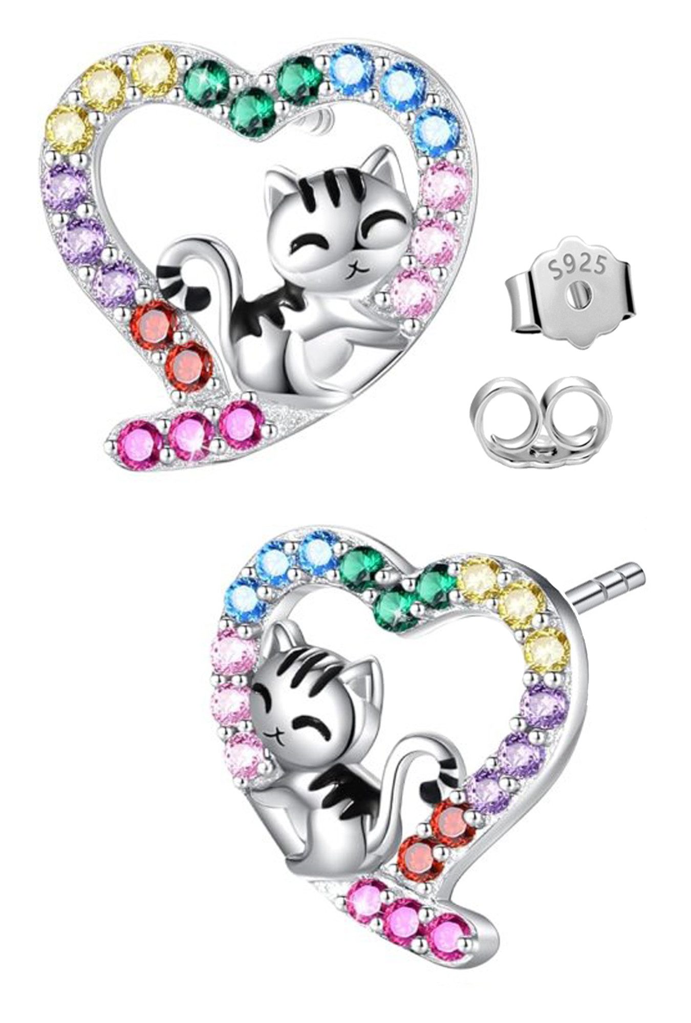 Limana Paar Ohrstecker Süße Katzen Herz Mädchen Ohrringe 925 Silber bunte Zirkonia (Kinder Schmuck Geschenk-Idee inkl. Dose), Einschulung Ostern Weihnachten Geburtstag Schulanfang