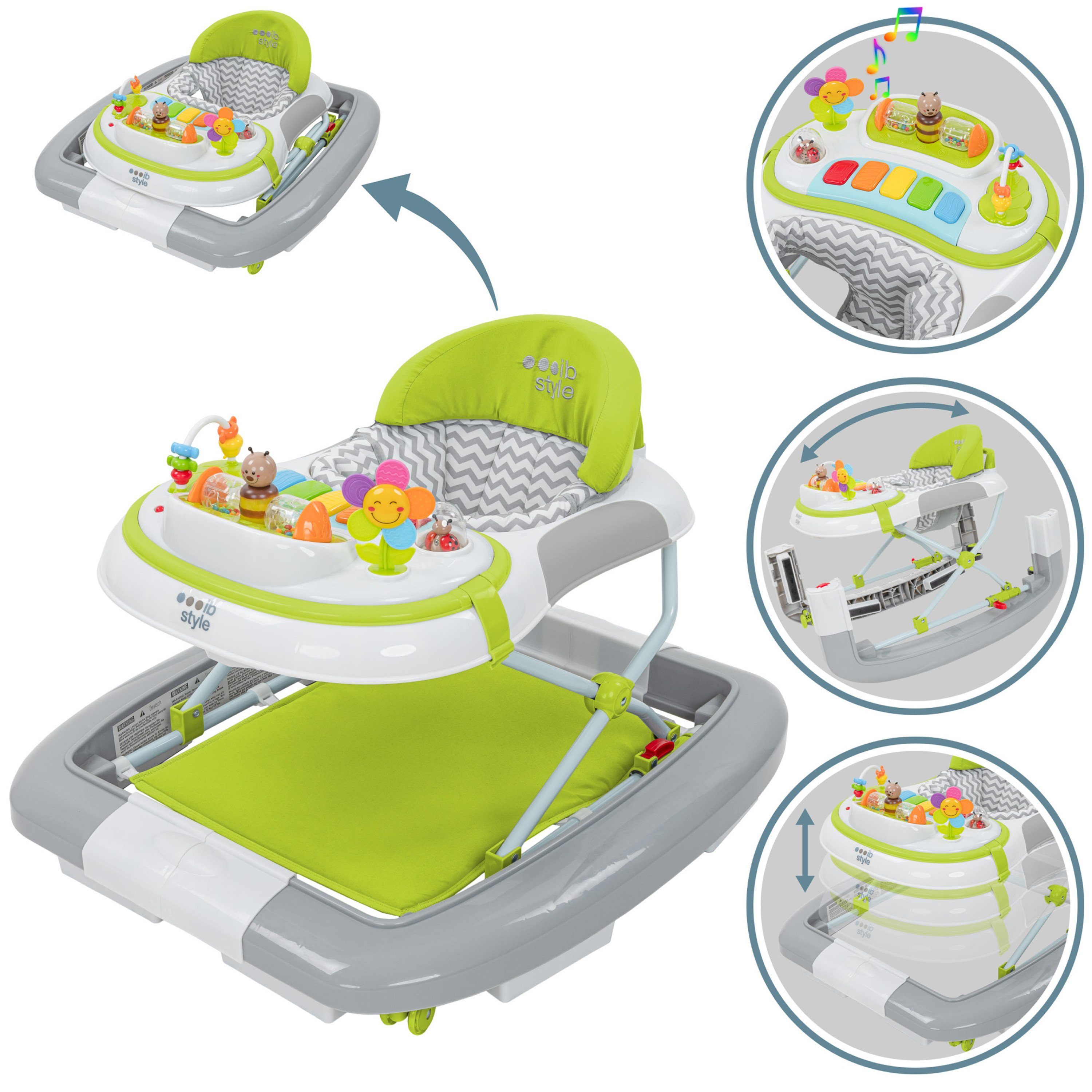 elektronischem Wave Lauflernwagen style Babywalker ib & Grün, Spielelement Lauflernhilfe mit Schaukelfunktion