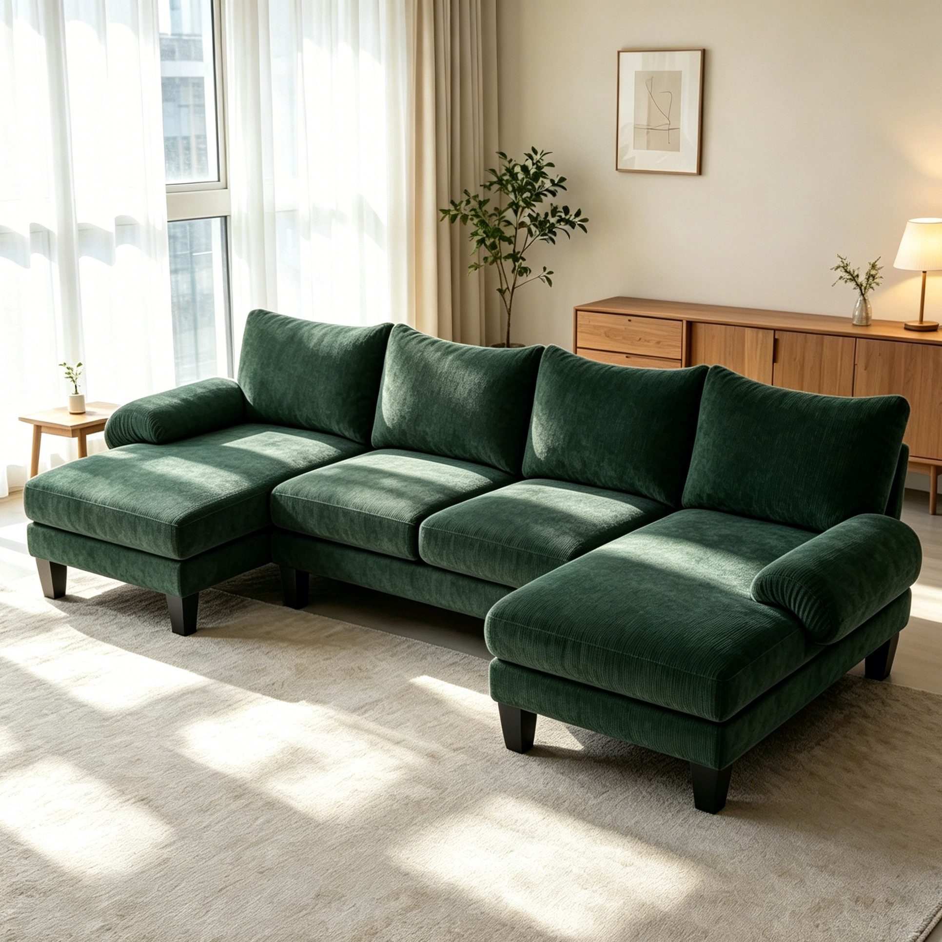 VINGLI Ecksofa U-Form, 283 × 123 × 84 cm, Couch mit Chaiselongue, aus Cord Chenille